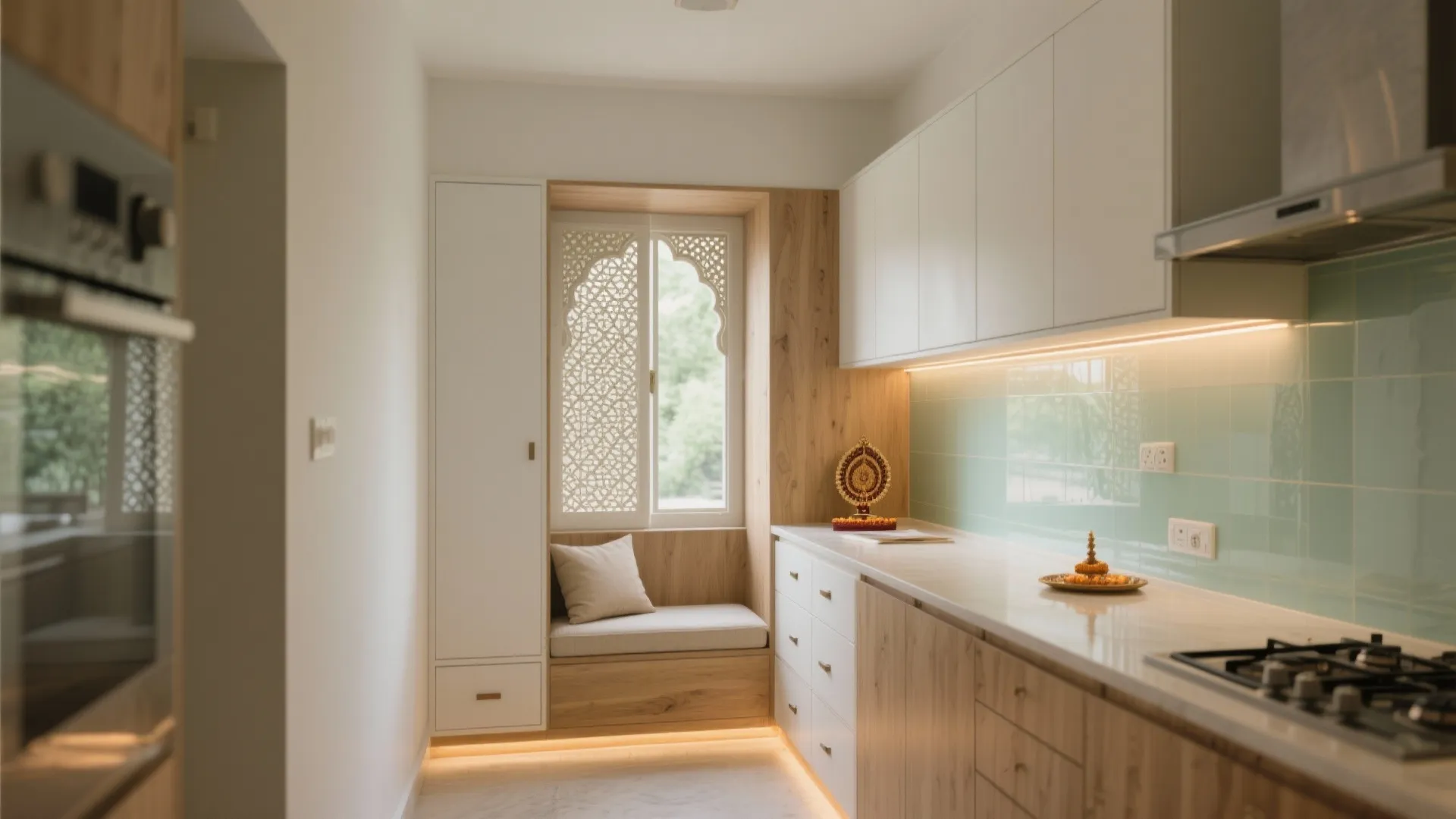 Northeast pooja or study nook with calm light