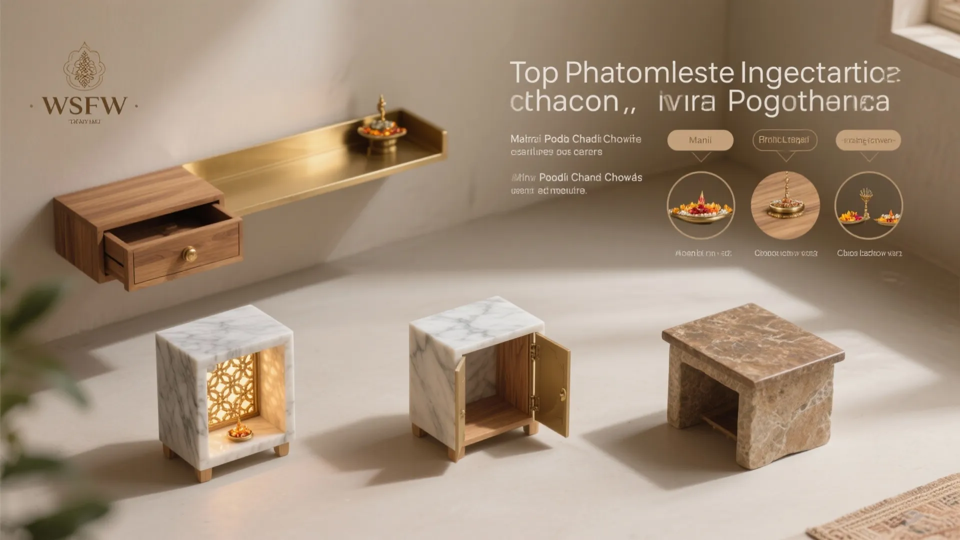 Top-down mini vignettes of five small pooja chowki options arranged clearly on a neutral surface.