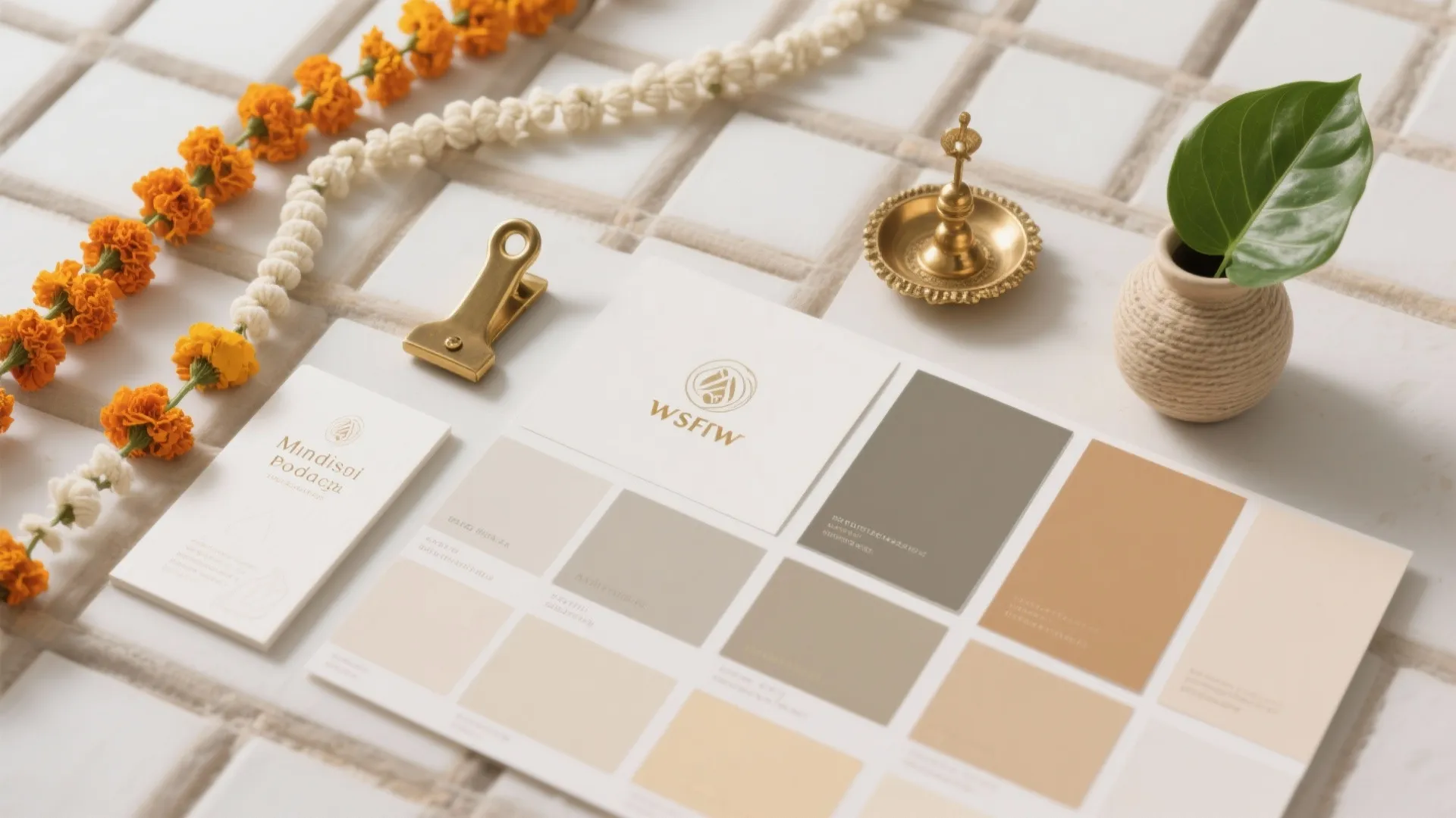 5) Green touches and mindful color: tulsi, marigold, and muted backdrops