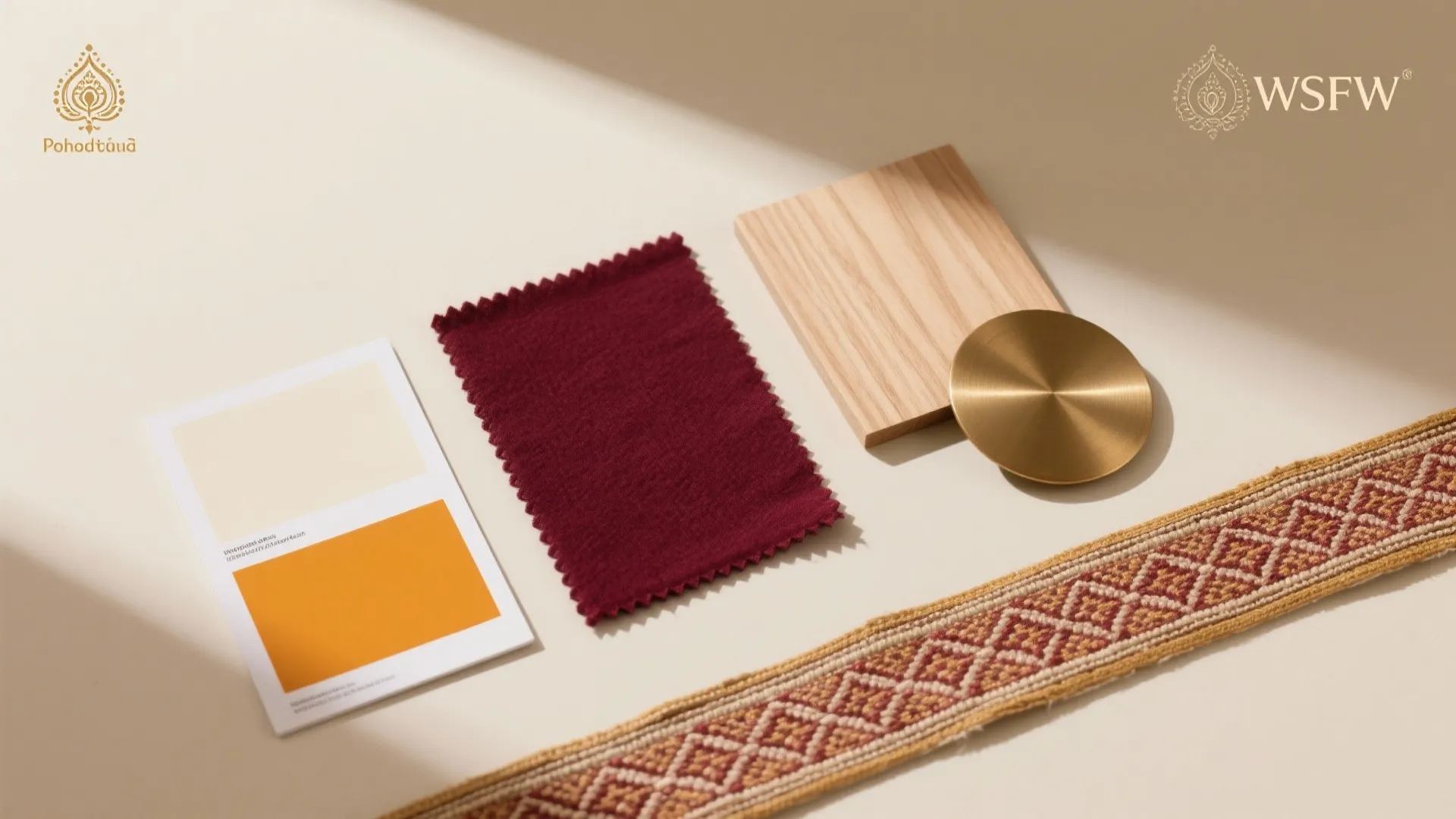 Design material board with red fabric wood sample brass metal piece and color swatches on table