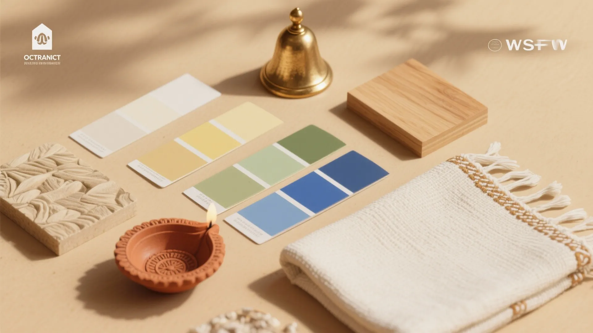 Interior design mood board with color cards wood block white towel gold bell and small lamp