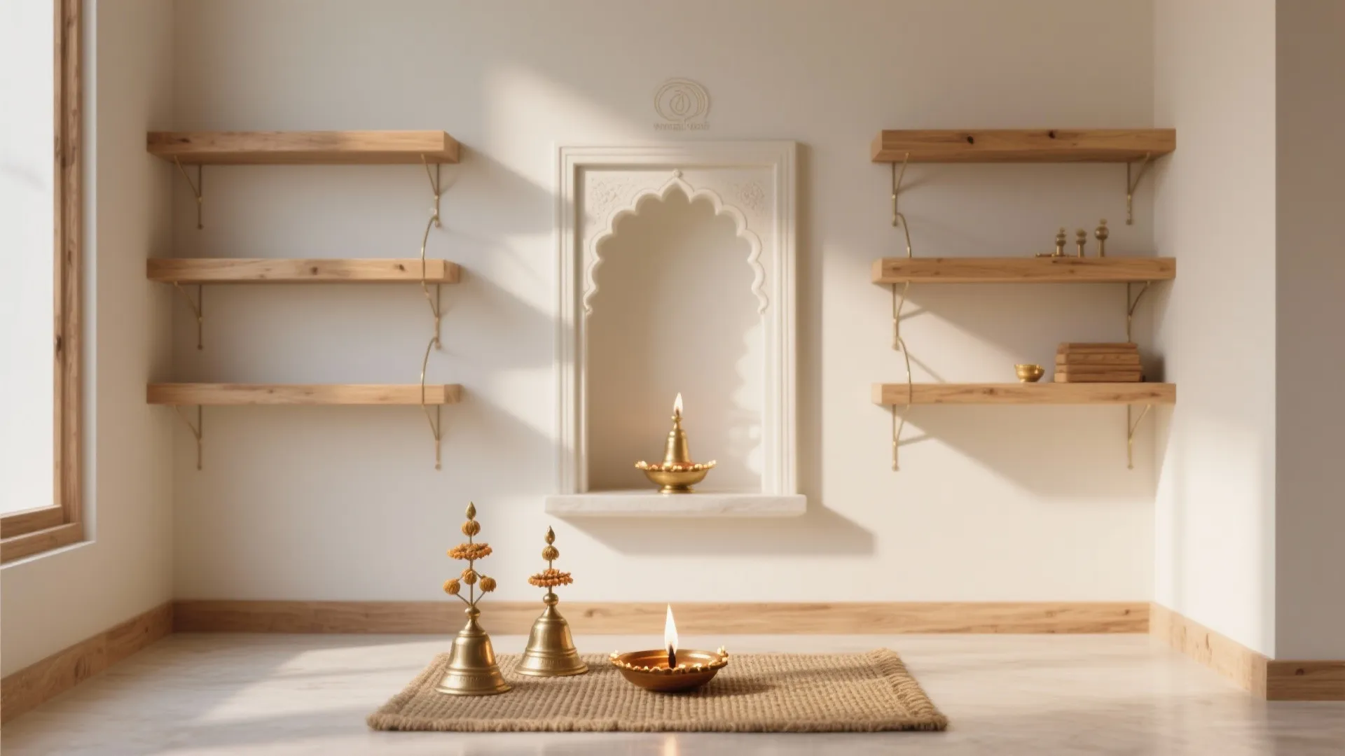 Minimalist prayer space with white walls wooden wall shelves gold bells and oil lamps on floor