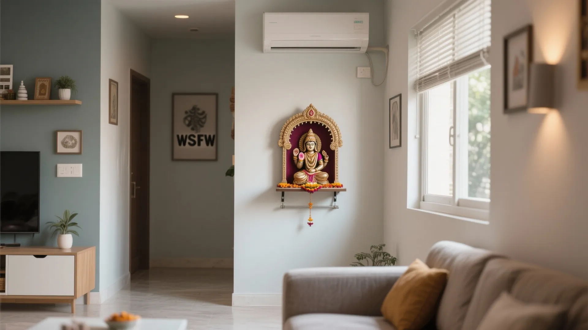 Living room with small wall mounted prayer shelf including gold statue next to white sofa