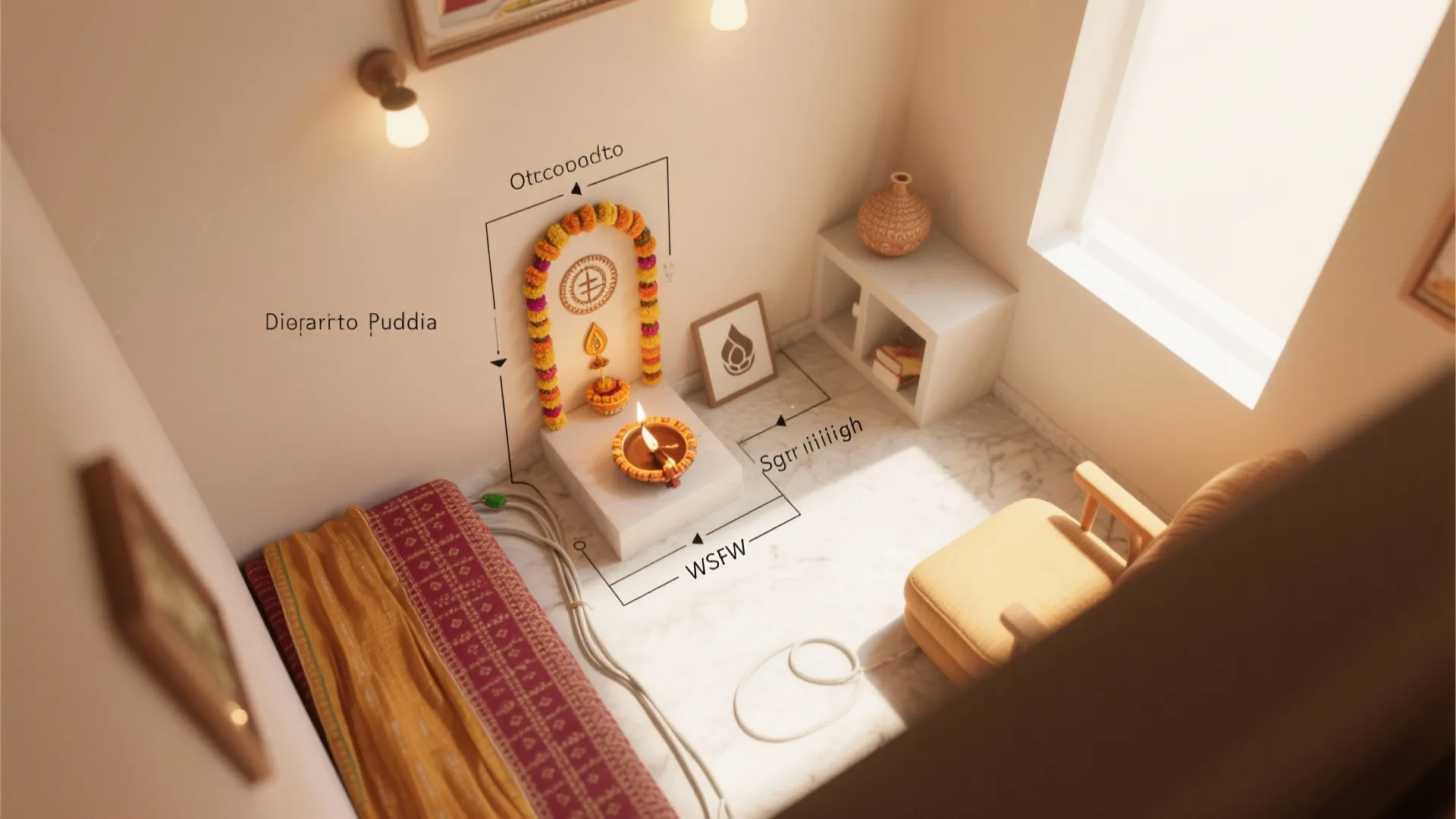 Top-down view showing clearances, seating, cable routing, and light direction for a pooja corner.