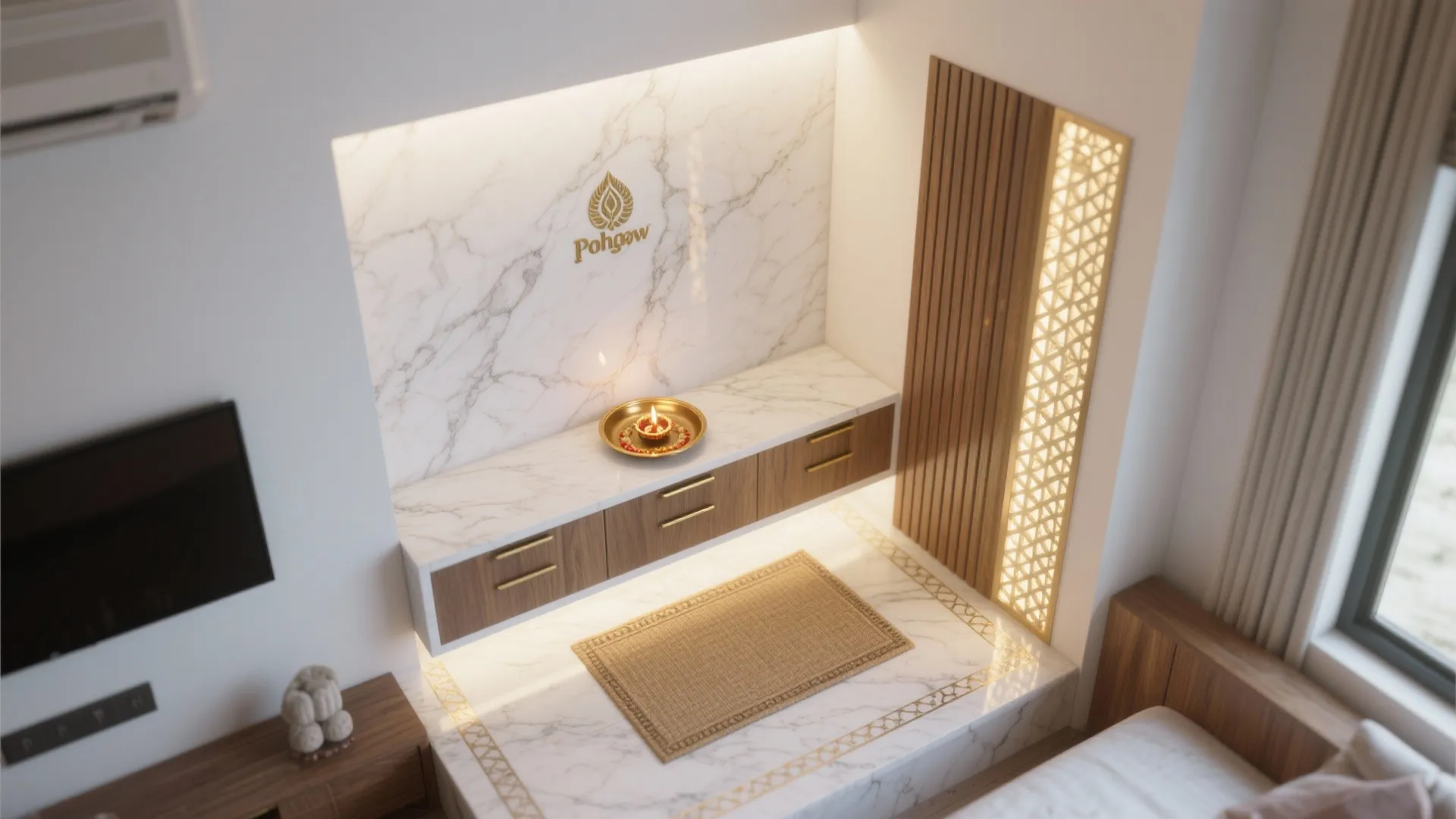 Modern prayer area interior with marble wall panels and wooden drawers below a warm lit lamp