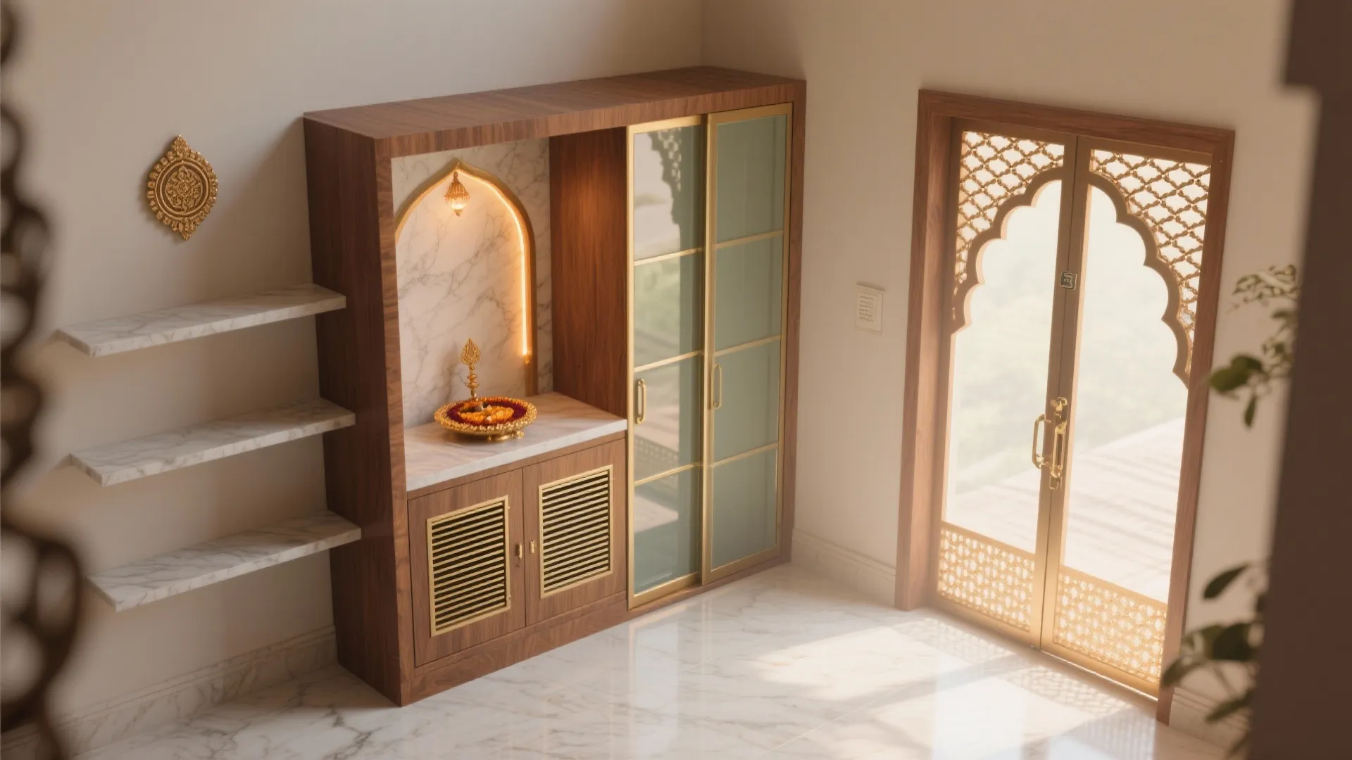 Modern wood prayer cabinet with marble shelves and glass doors in a bright sunlit room