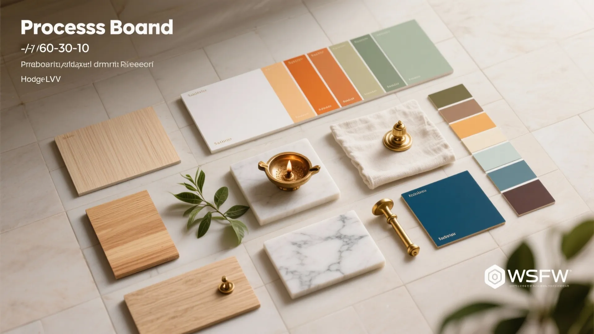 Interior design process board showing wood samples color palettes marble tiles and brass decor items