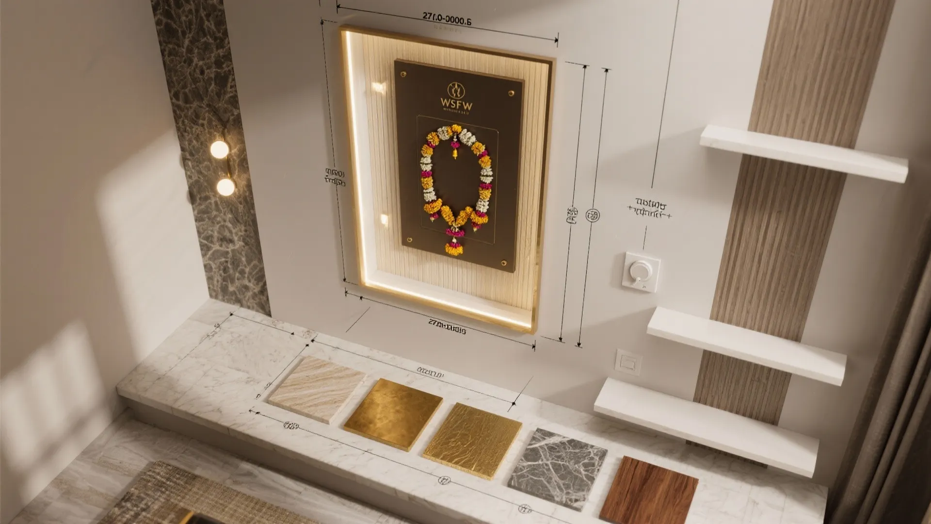 Top-down plan view showing compact pooja frame layout, lighting, and material swatches.