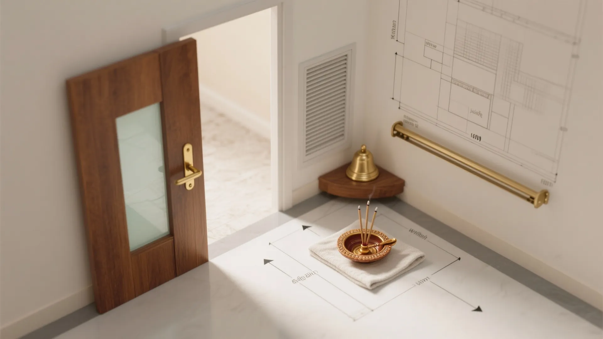 Interior design drawing on wall with small wooden door bell and incense on white floor