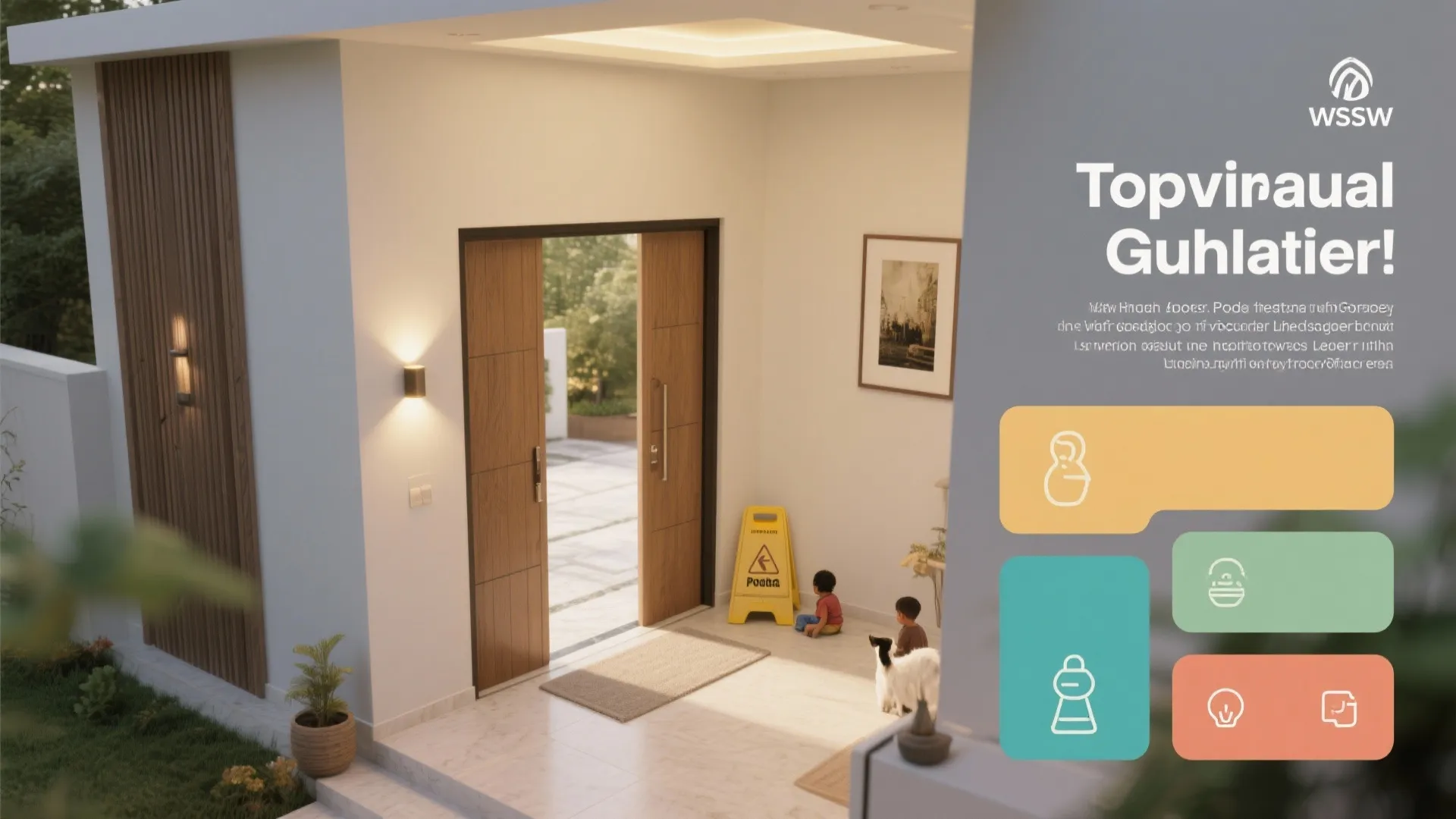 Top-down planning view showing sliding clearances, lighting layers, and safe zones at a pooja entrance.