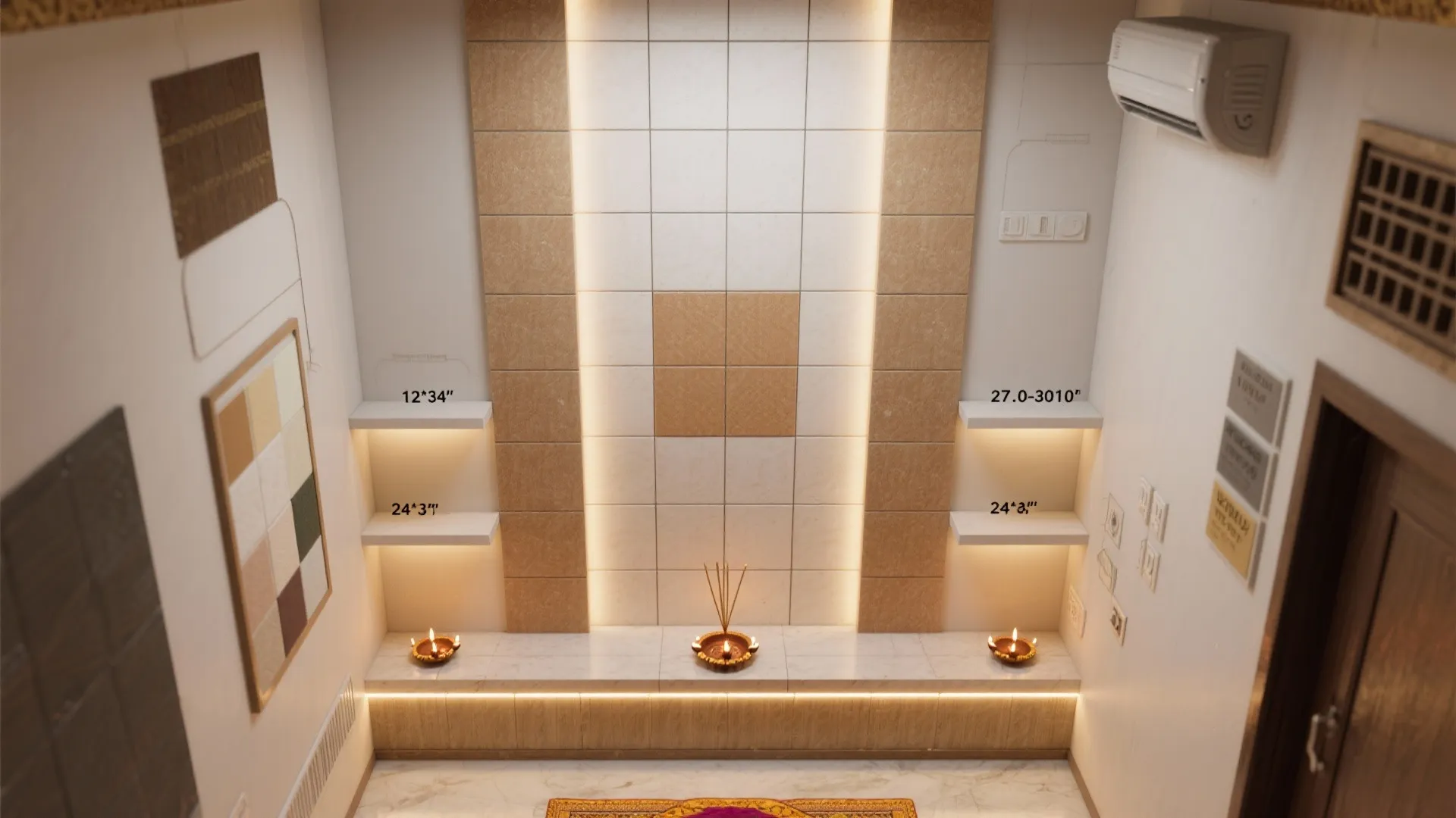 Top-down visual plan showing tile sizing, accent panel position, warm lighting zones, and safe clearances in a pooja room.