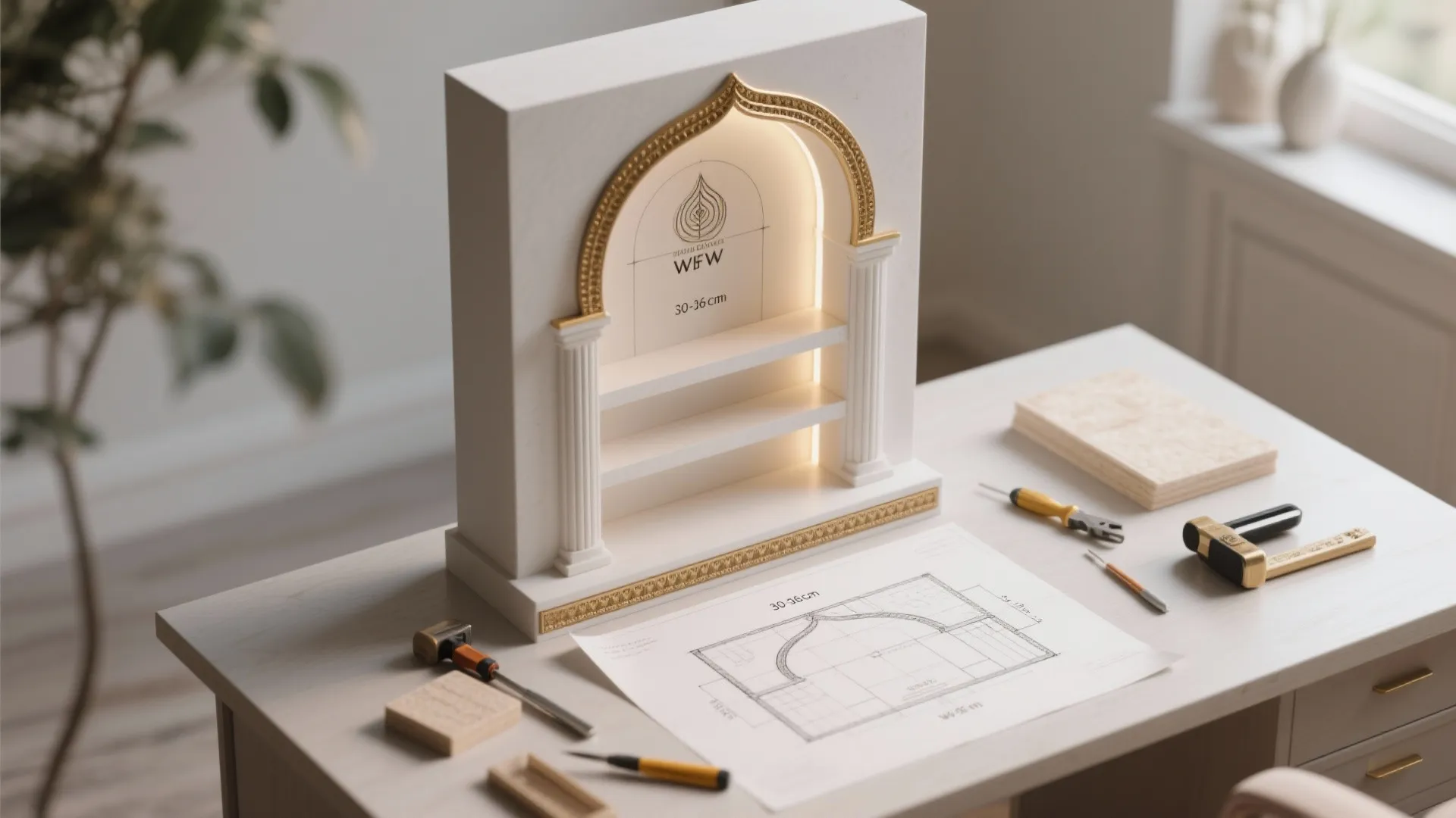 Top-down planning layout with measurements, material samples, and compact pooja niche options.
