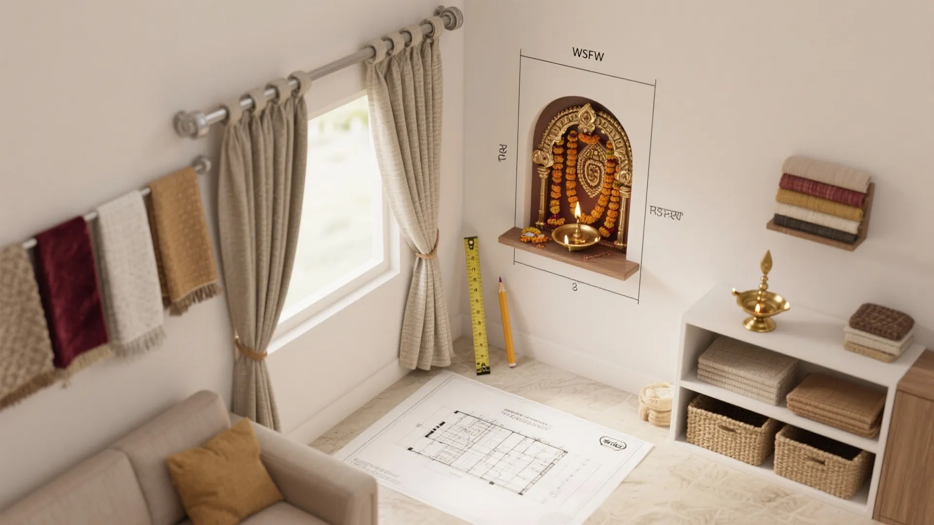 Interior design drawing of a room corner with sofa curtains and a wall prayer space