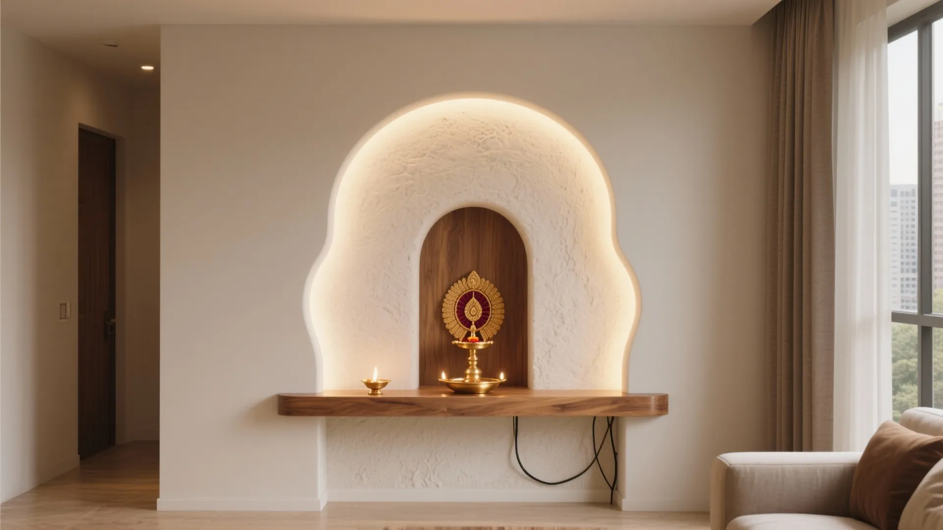 Modern arched wall niche with warm light and a wooden shelf for a gold lamp