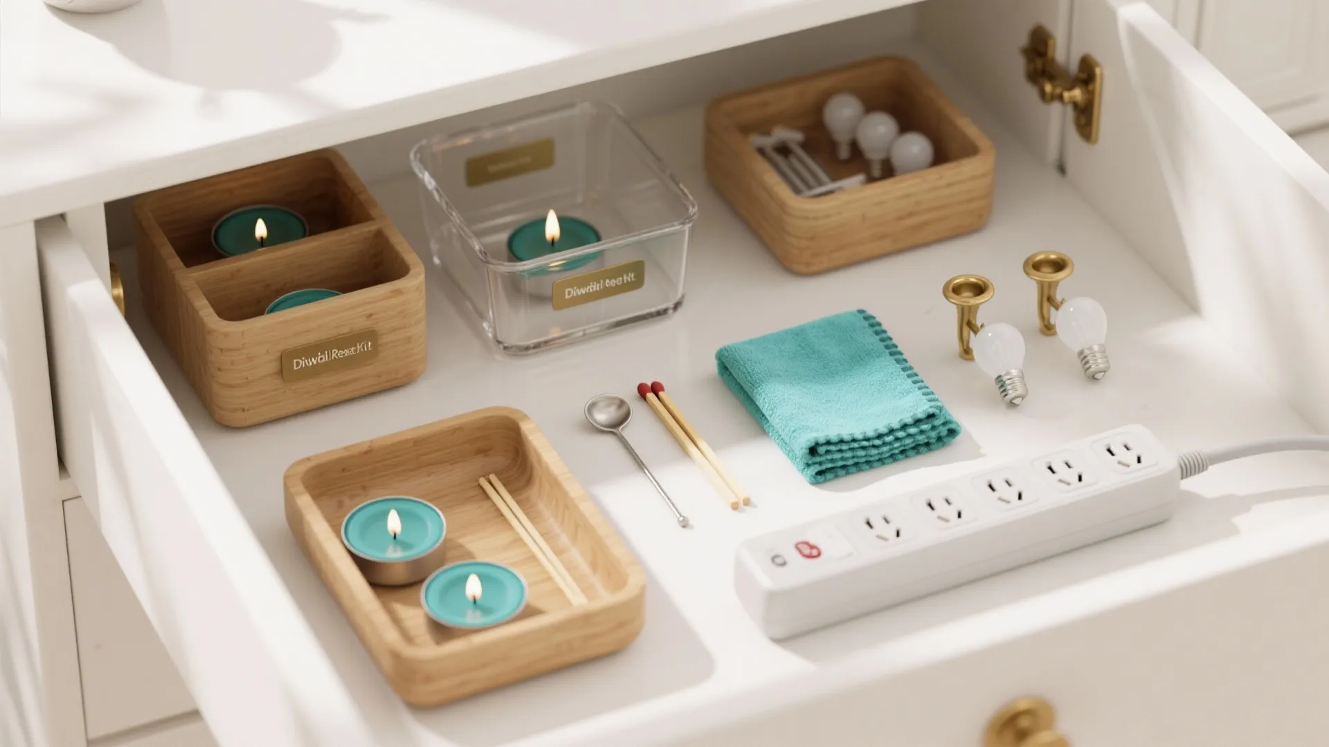 Open white cabinet drawer containing candles in wooden trays matches light bulbs and power strip