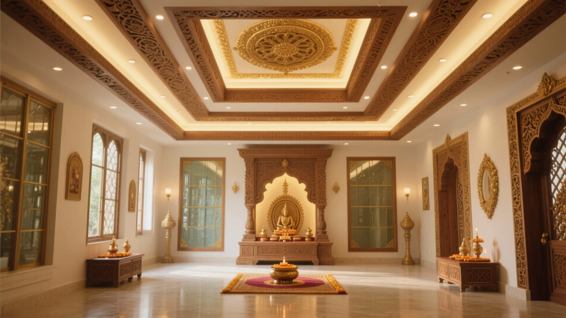 Luxury prayer room with ornate carved wood ceiling design golden wall decor and large windows