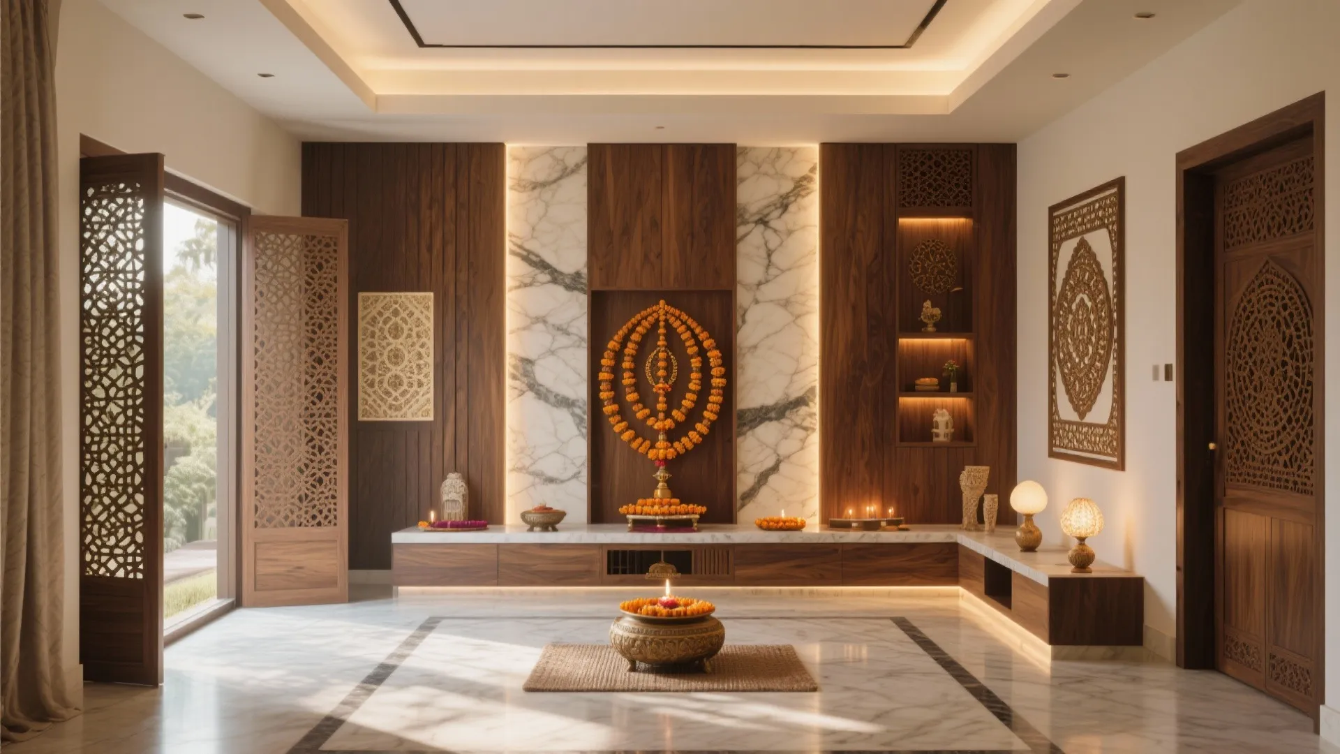Modern prayer room featuring wood wall panels, marble accents, orange flower decorations, and warm hidden lighting