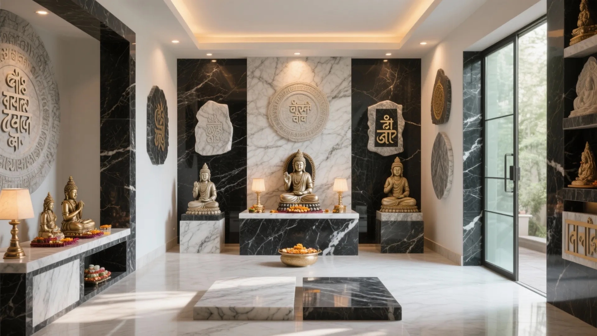 Modern prayer room with black and white marble walls gold statues white floor and glass door