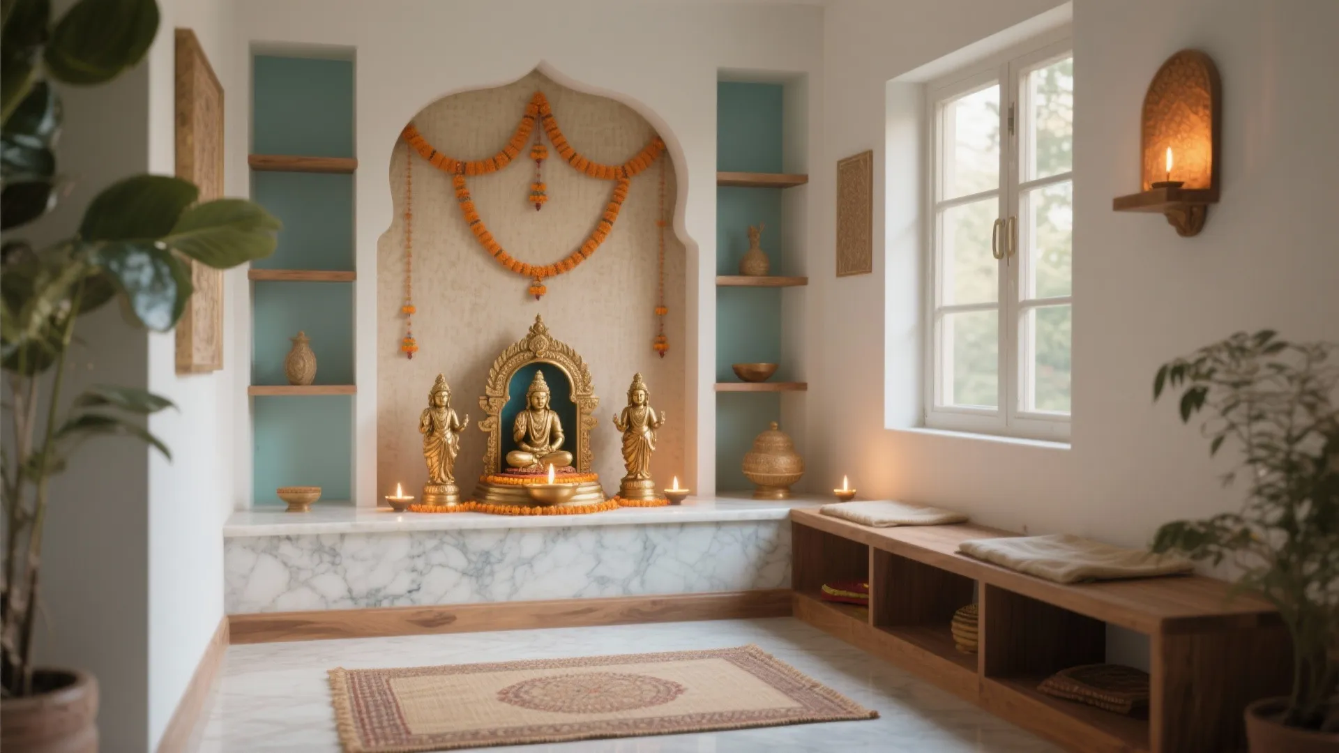 White prayer room with golden statues, orange flower garland, wooden shelves, side window, and rug