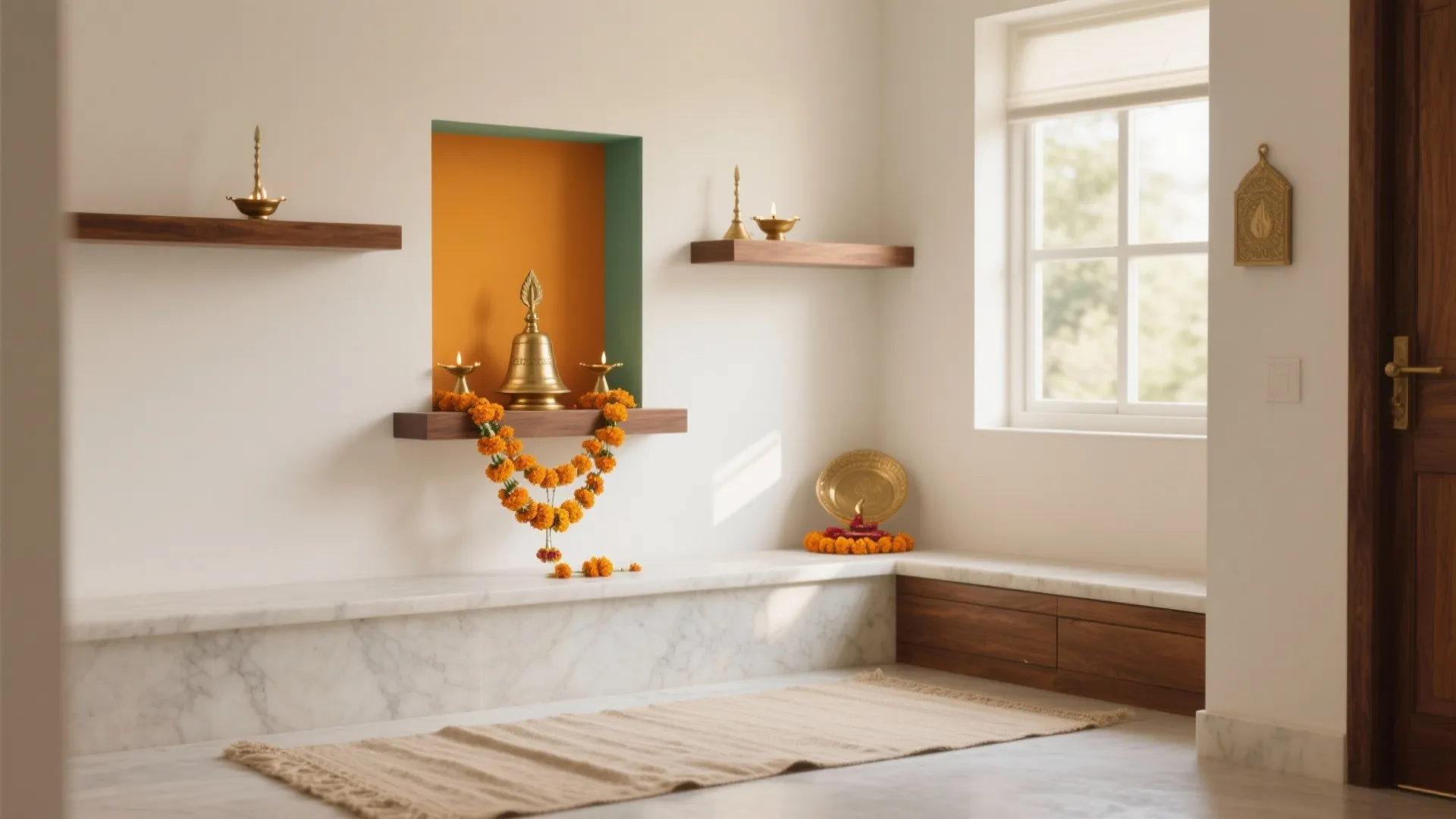 Bright prayer room with white walls yellow niche brass bell flower garland and floor rug