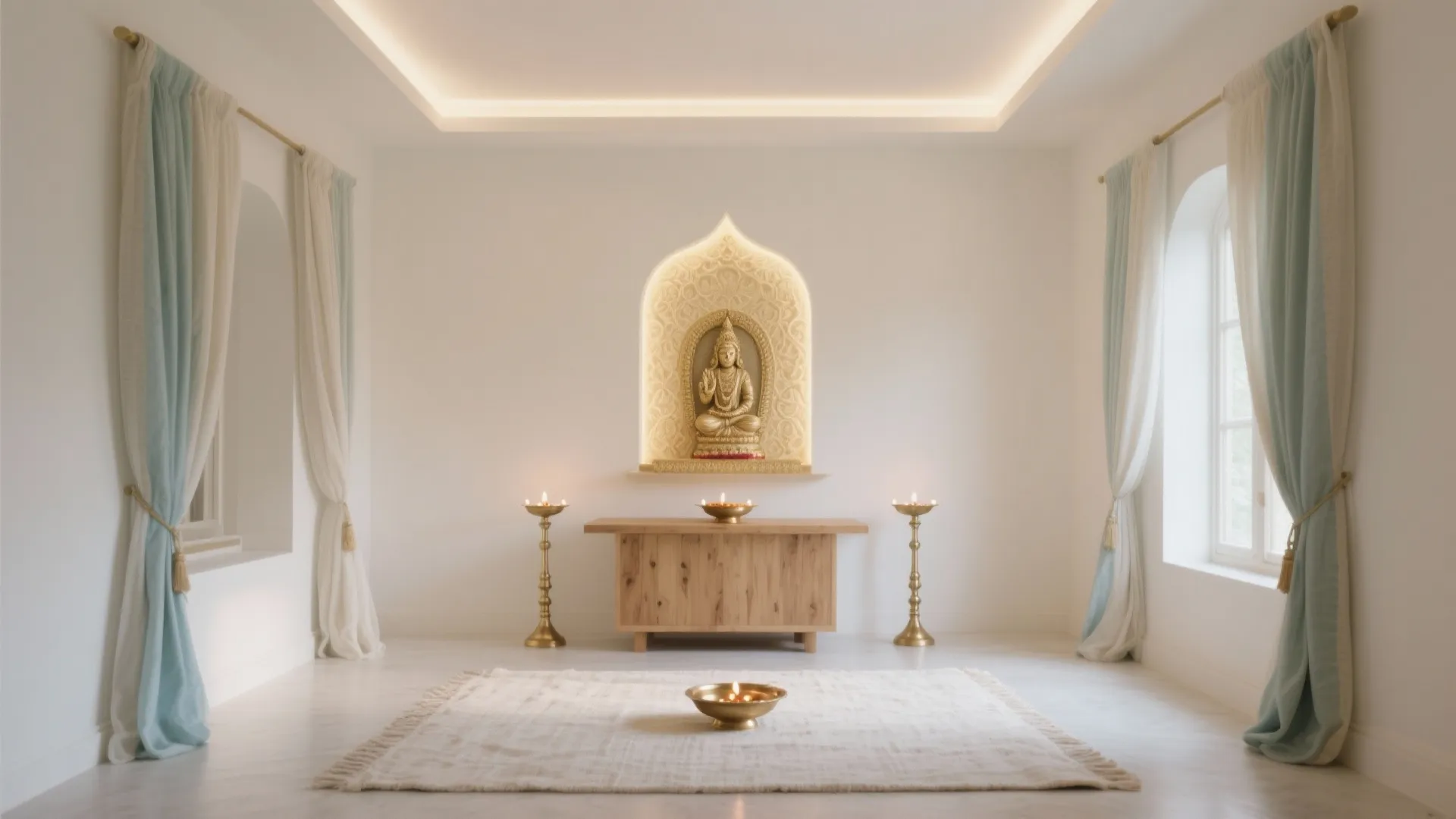 Bright prayer room with golden statue on wall wooden table white rug and soft curtains