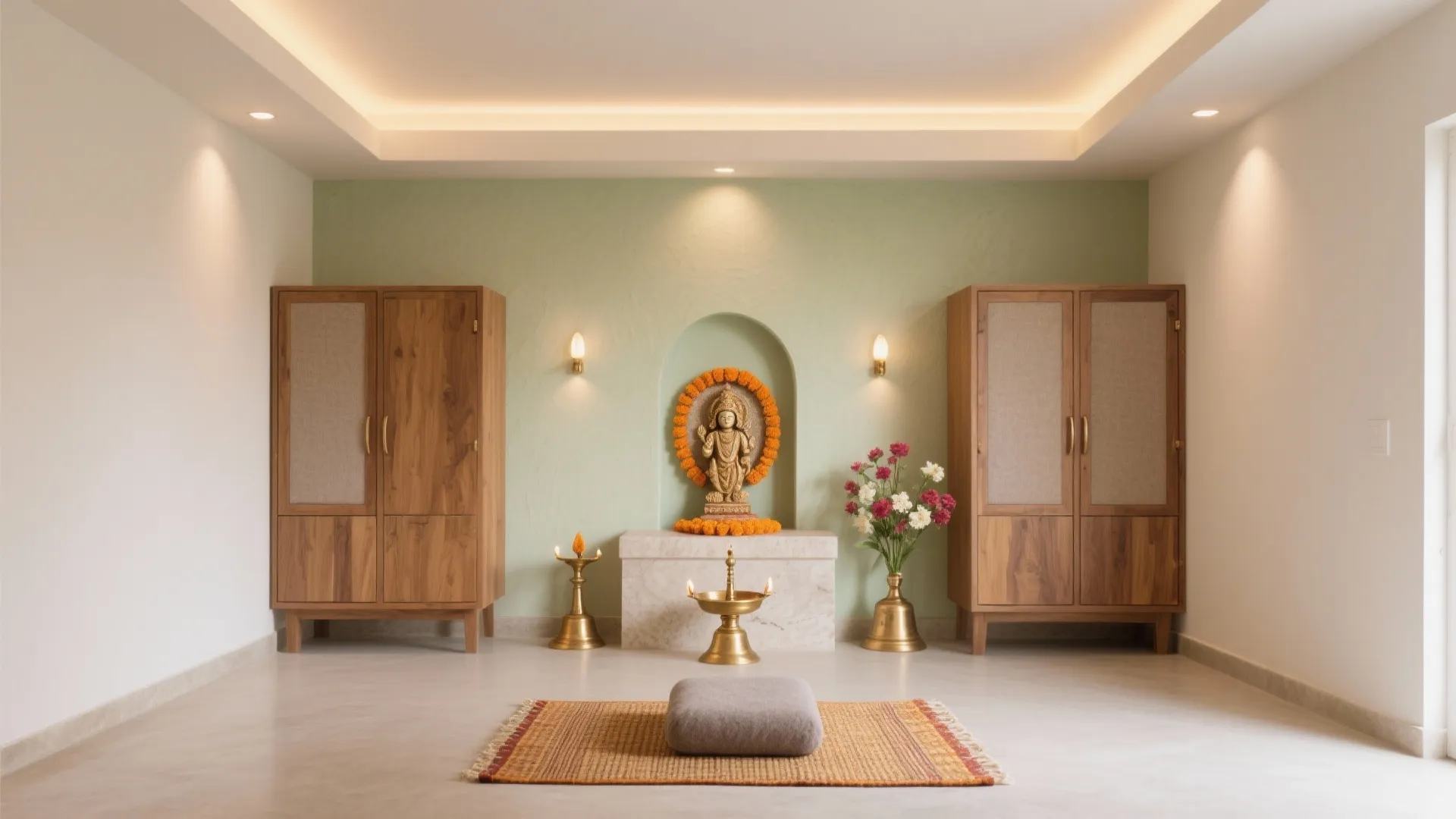 Modern prayer room with green wall wooden cabinets stone pedestal golden statues and floor mat seating