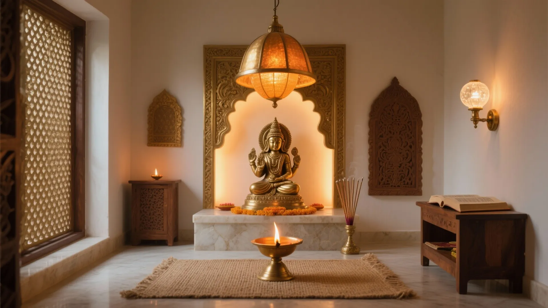 Traditional prayer room with golden statue, warm ceiling light, small rug, and wall light fixtures