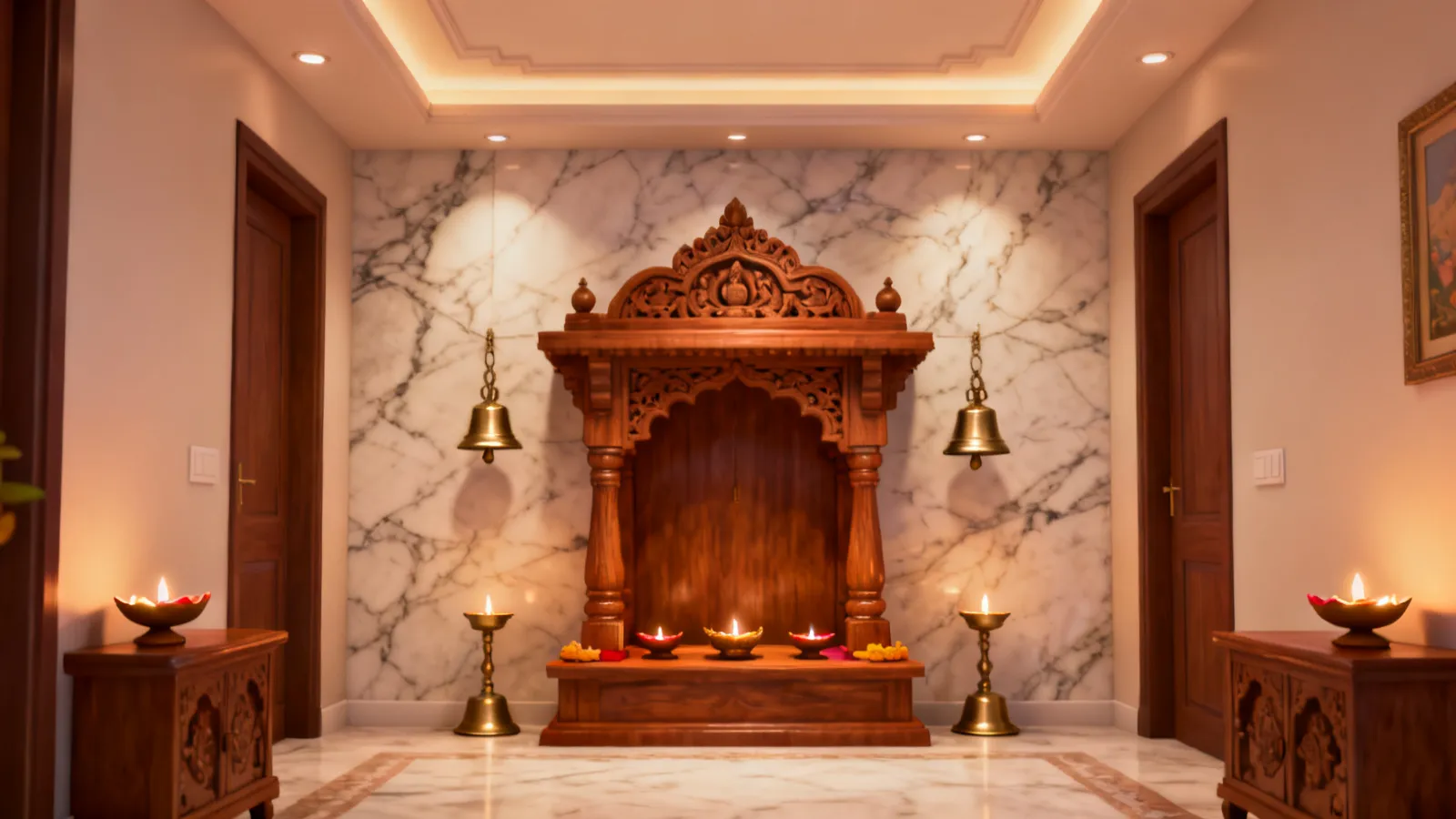 pooja room made with marble backdrop and wooden mandir with brass lamps
