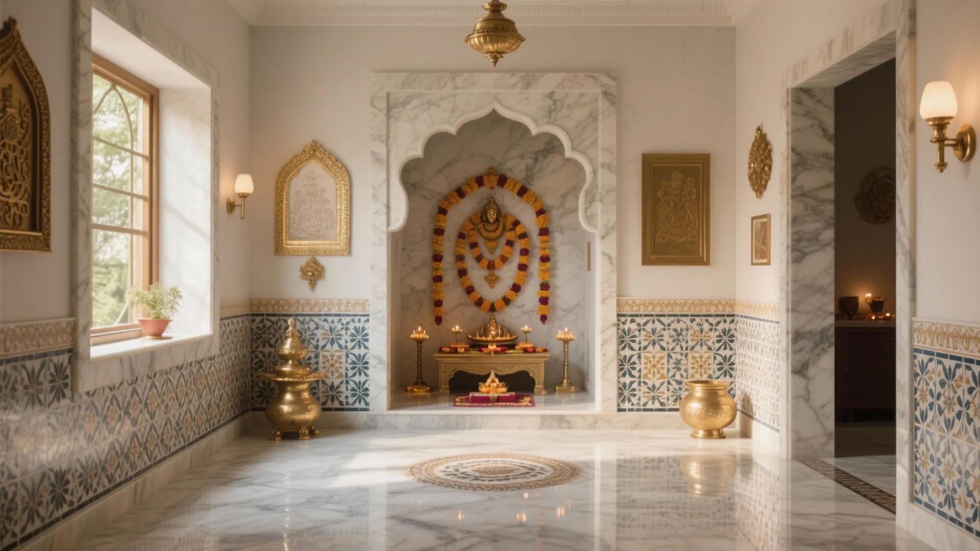 Traditional prayer room with white marble walls patterned tiles gold ornaments and a ceiling light