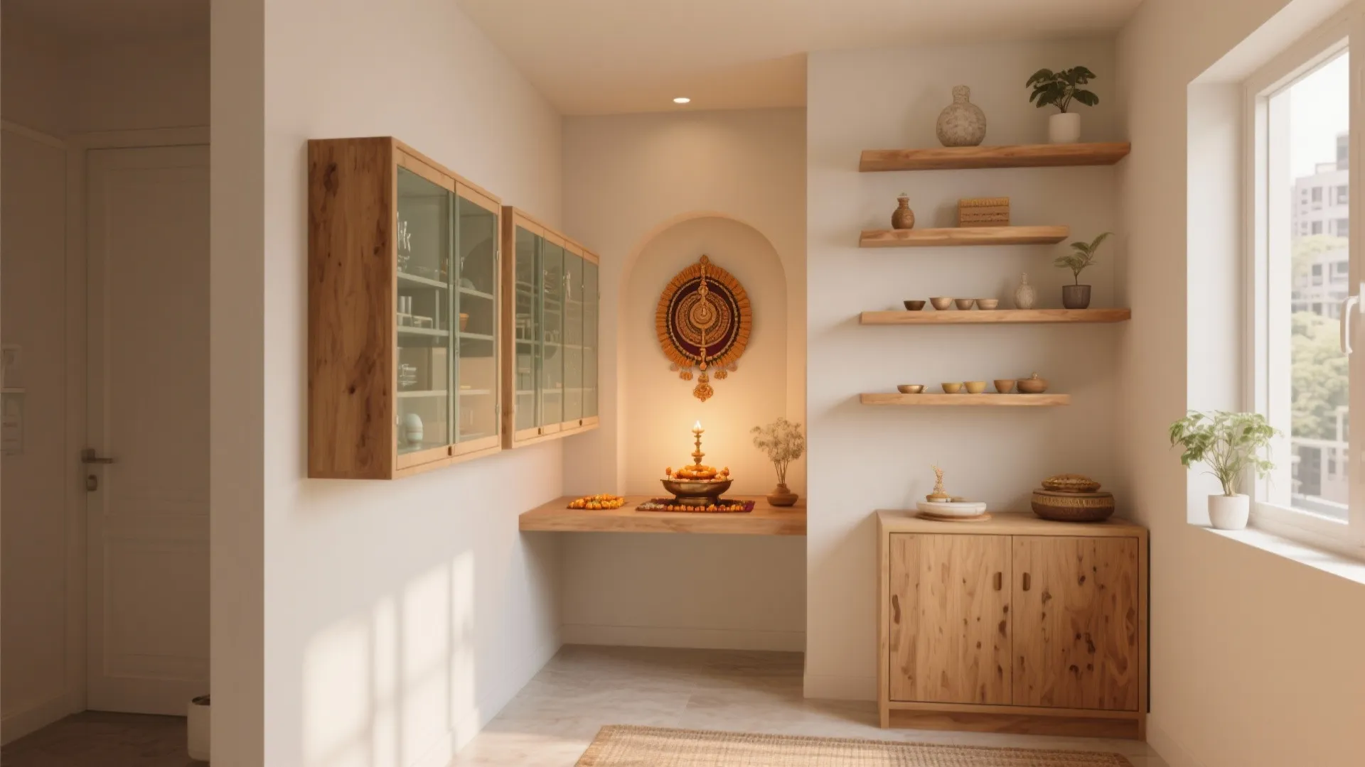 Modern prayer room interior design with wooden cabinet wall shelves ceiling light and neutral white walls