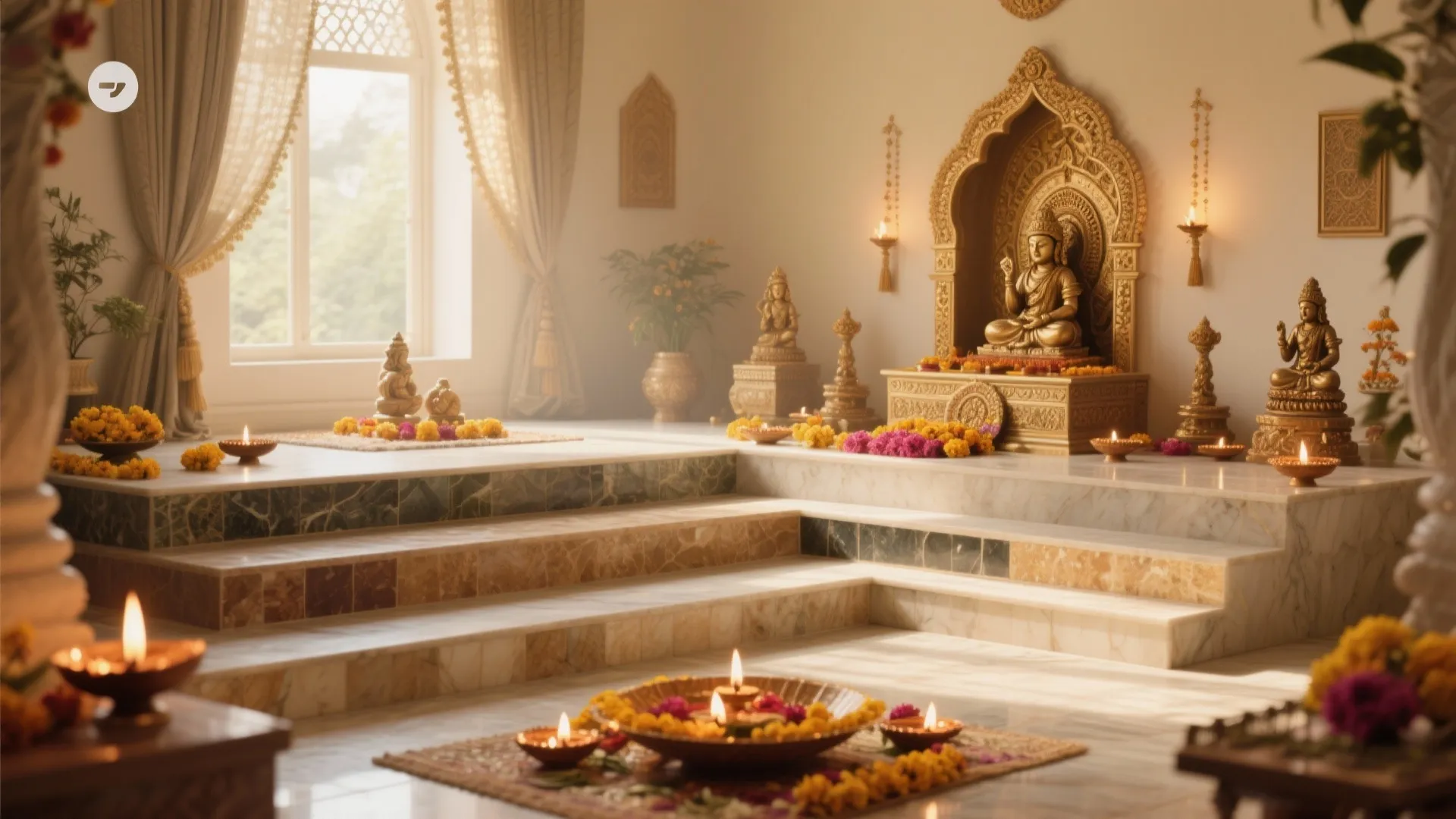 Marble prayer room with gold statues and oil lamps on white stone steps with flowers