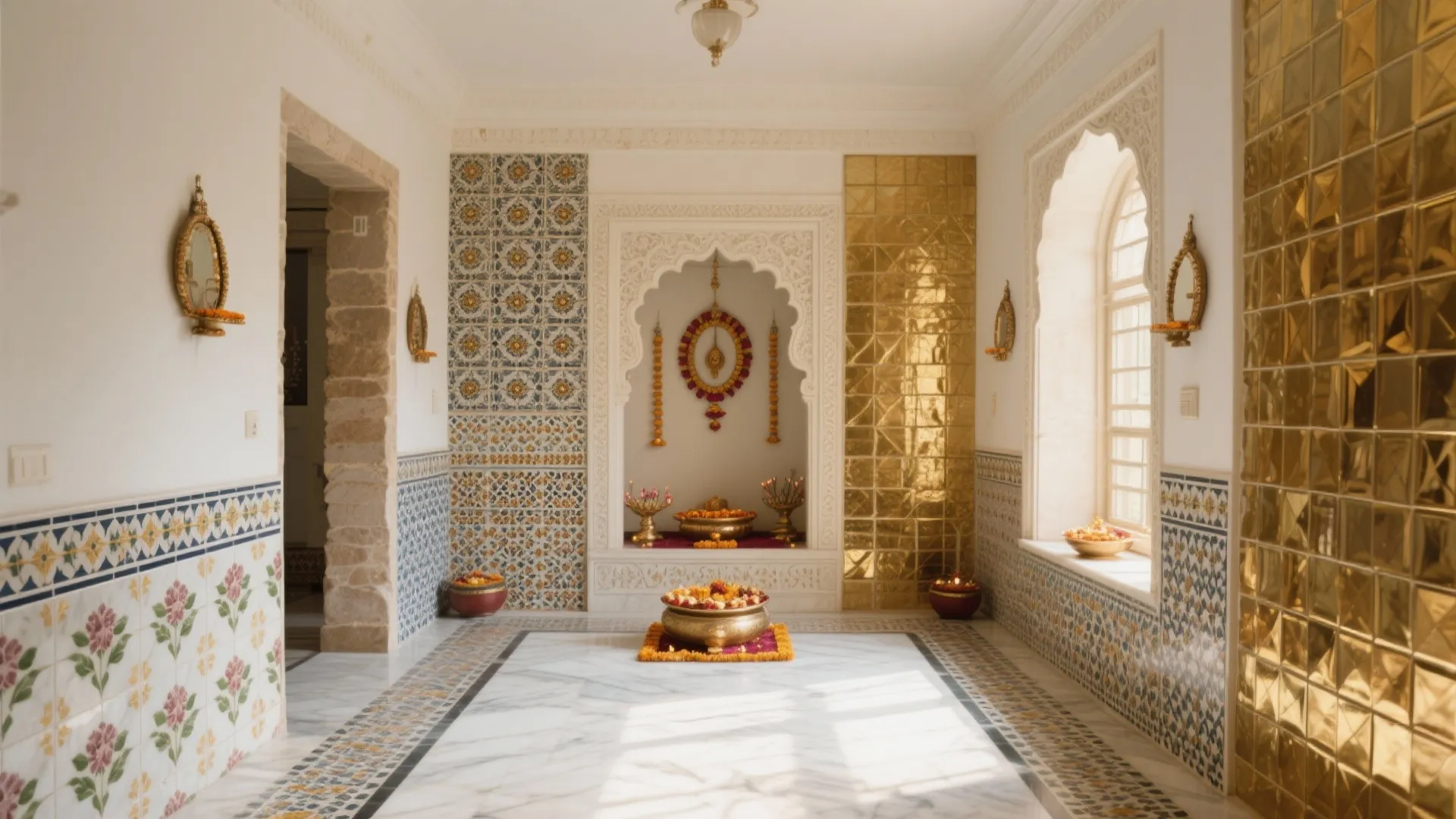 Spacious prayer room with white marble floor patterned wall tiles gold panels and flower bowls