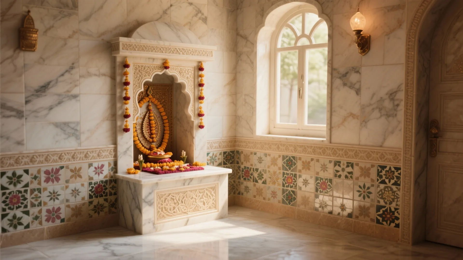 Marble prayer room featuring patterned wall tiles small stone altar arched window and warm wall light