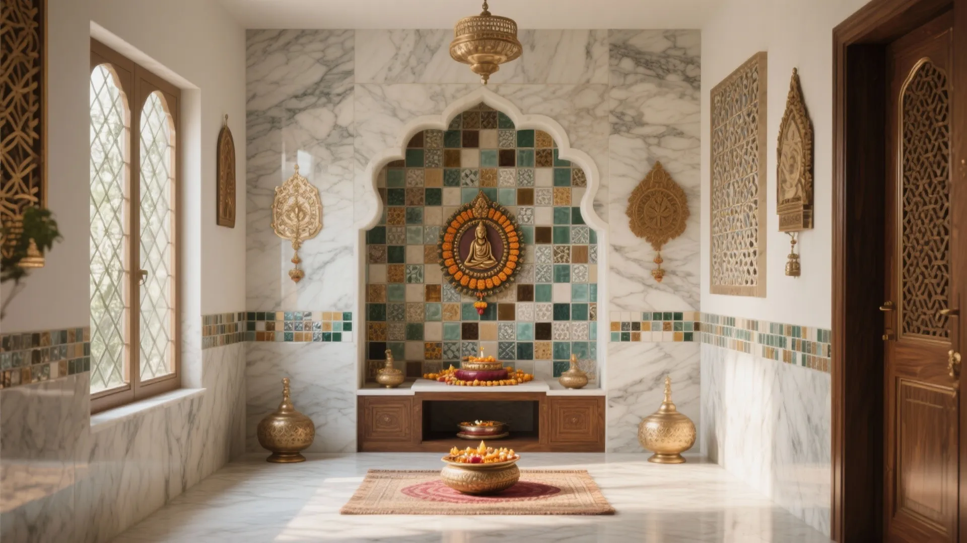 Traditional prayer room with colorful wall tiles wooden cabinets gold pots and bright natural light