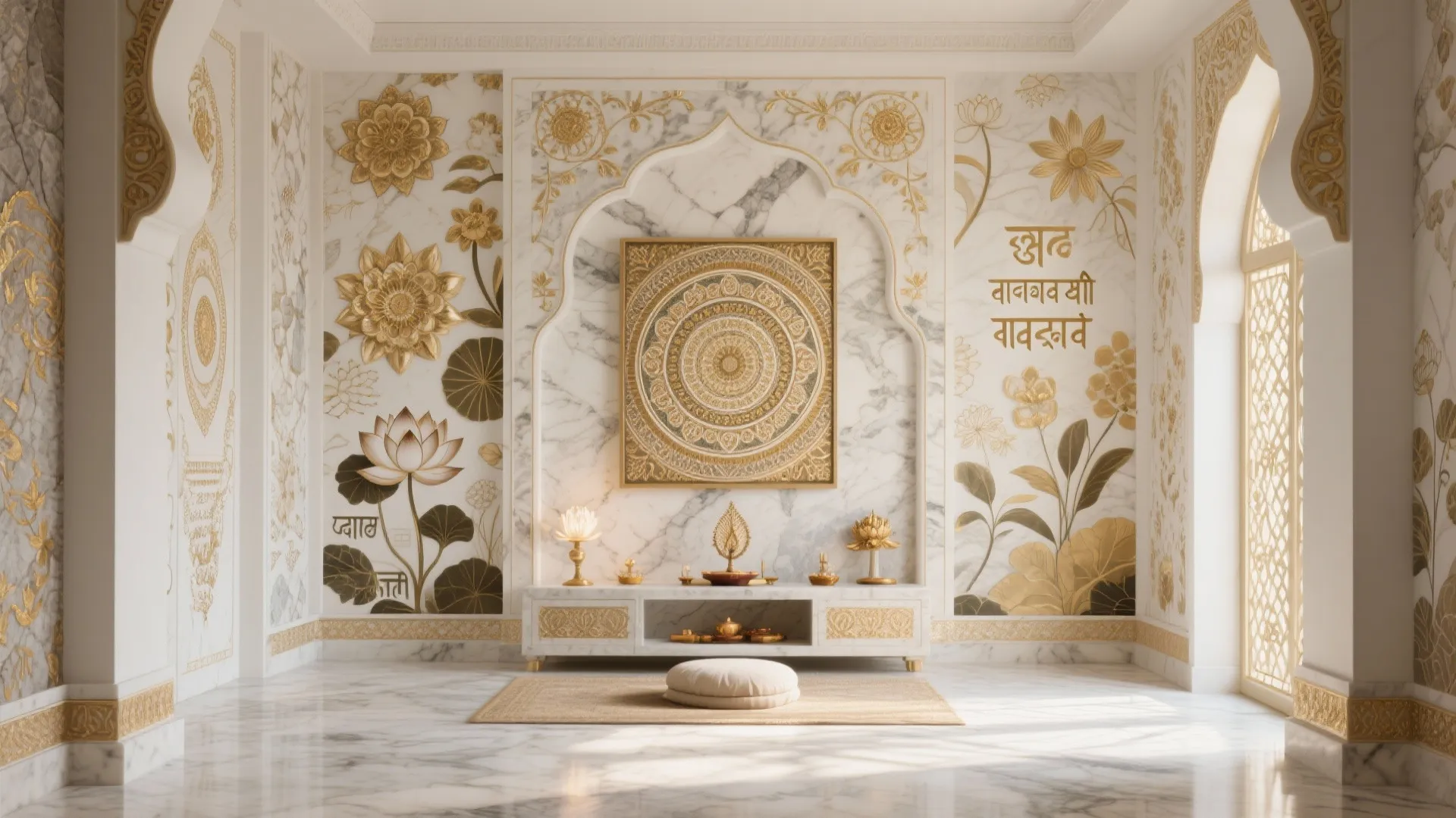 Elegant white marble room featuring gold flower wall art with a floor rug and cushion