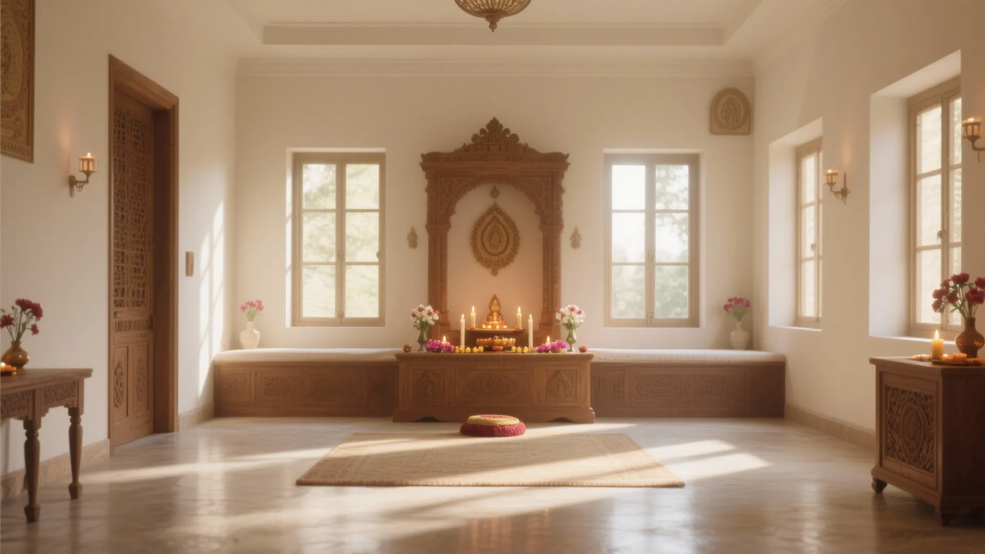 Traditional prayer room with wooden shrine candles large windows rug wall light and warm natural sunlight