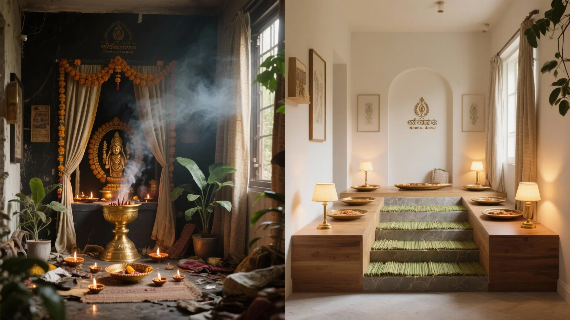Side by side comparison of a cluttered traditional prayer room and a clean modern space