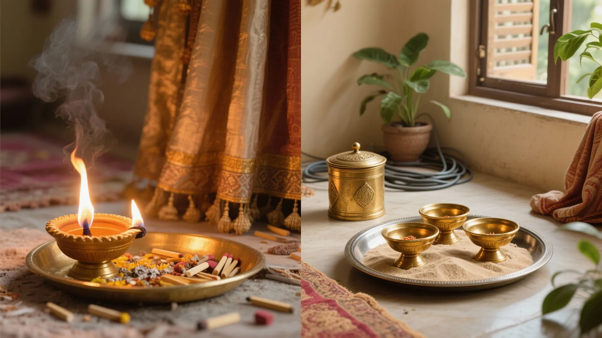 Before-and-after pooja safety comparison showing unsafe flames near drapes versus safe tray with brass diyas, sand and ventilation.