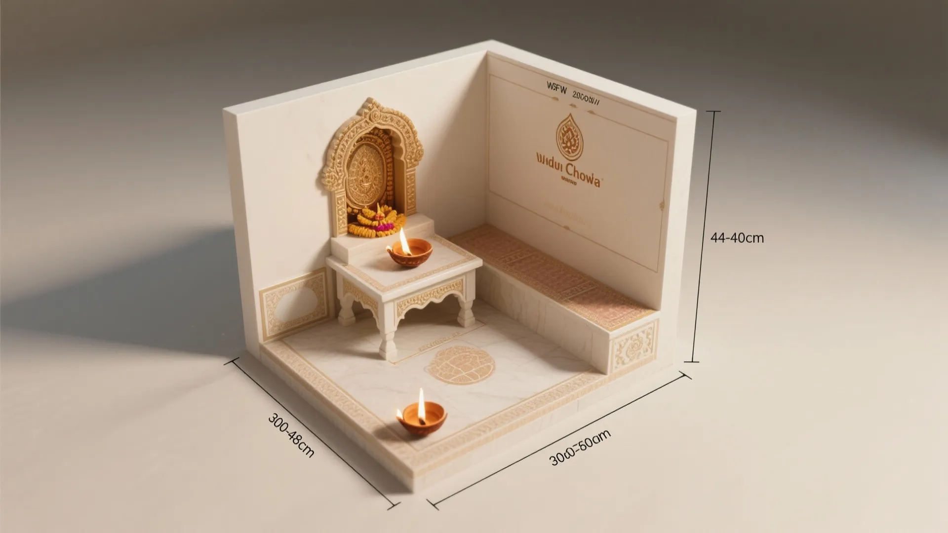 Top-down planning view showing pooja chowki sizing, reach zones, and diya safety clearance.