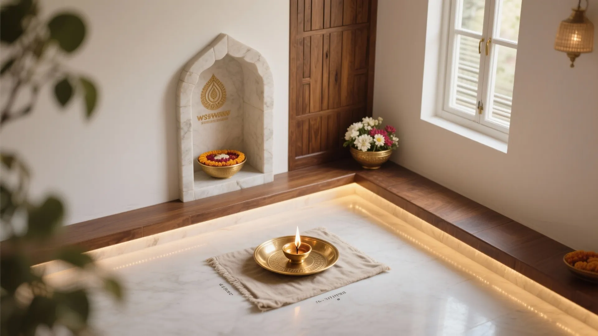 Prayer room with marble floor, wooden shelf, white wall niche, flower bowl, and warm light