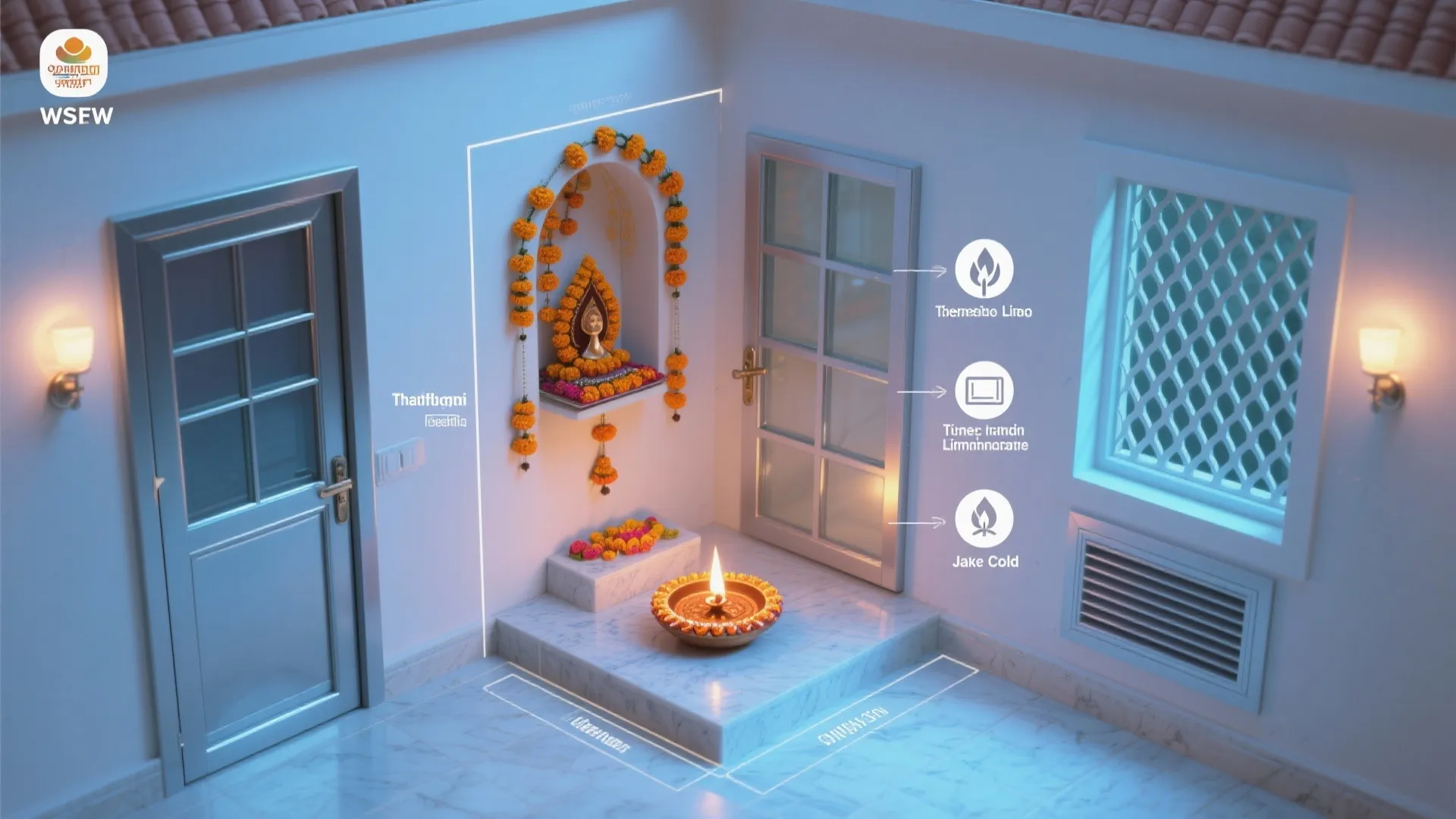 Small prayer room layout showing marble floor glass doors wall light and floral wall shelf decoration