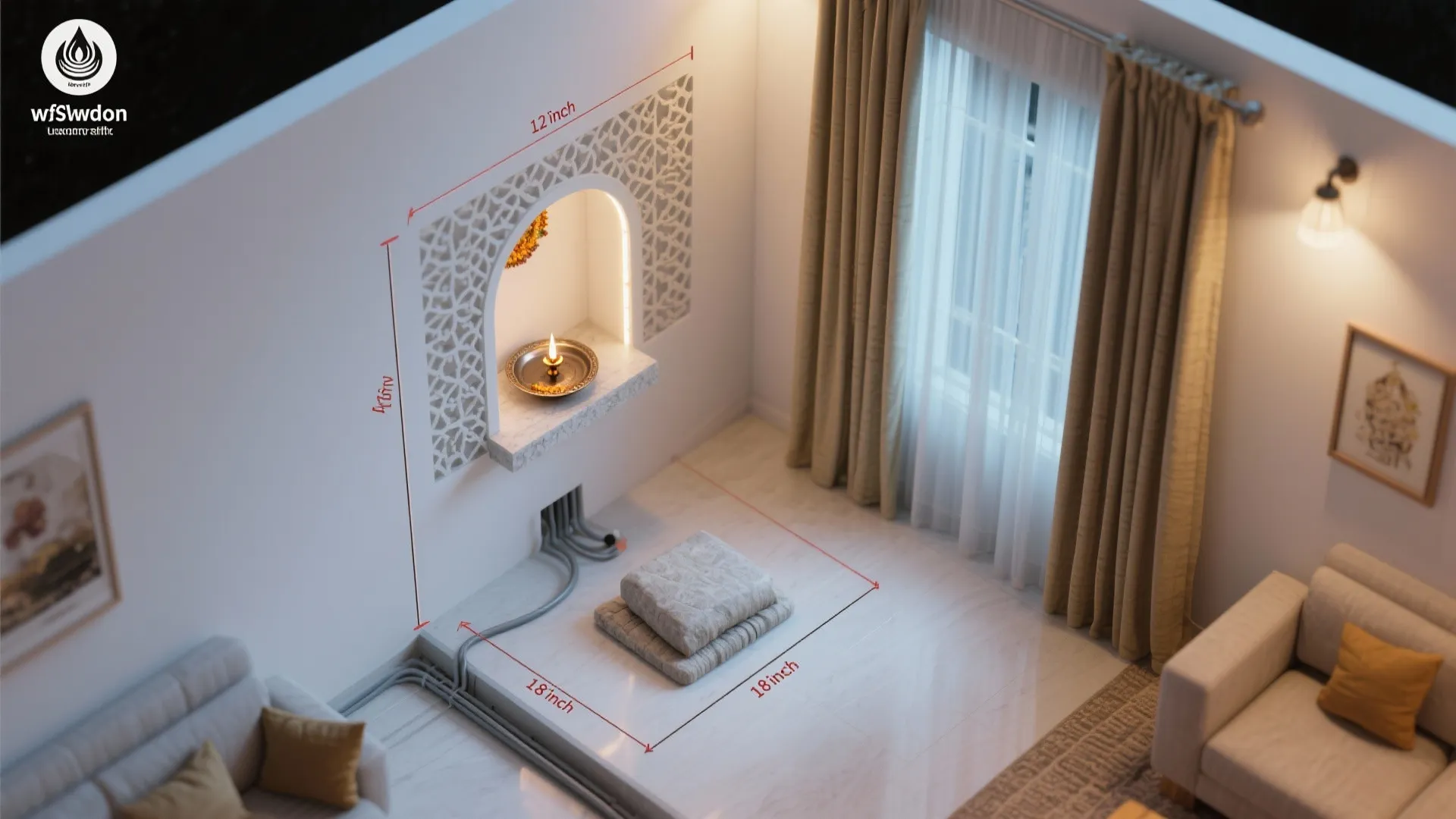 Interior design drawing showing floor space measurements and wall light next to a small shelf