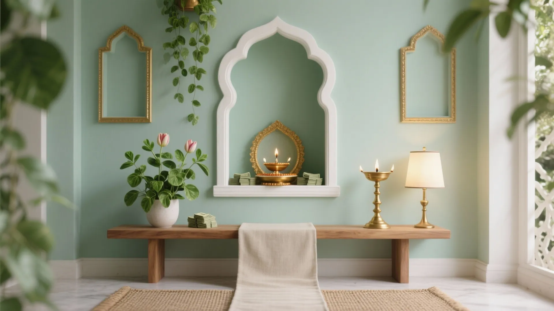 Sage green prayer room with wooden bench flowers and wall decorations under soft indoor lighting