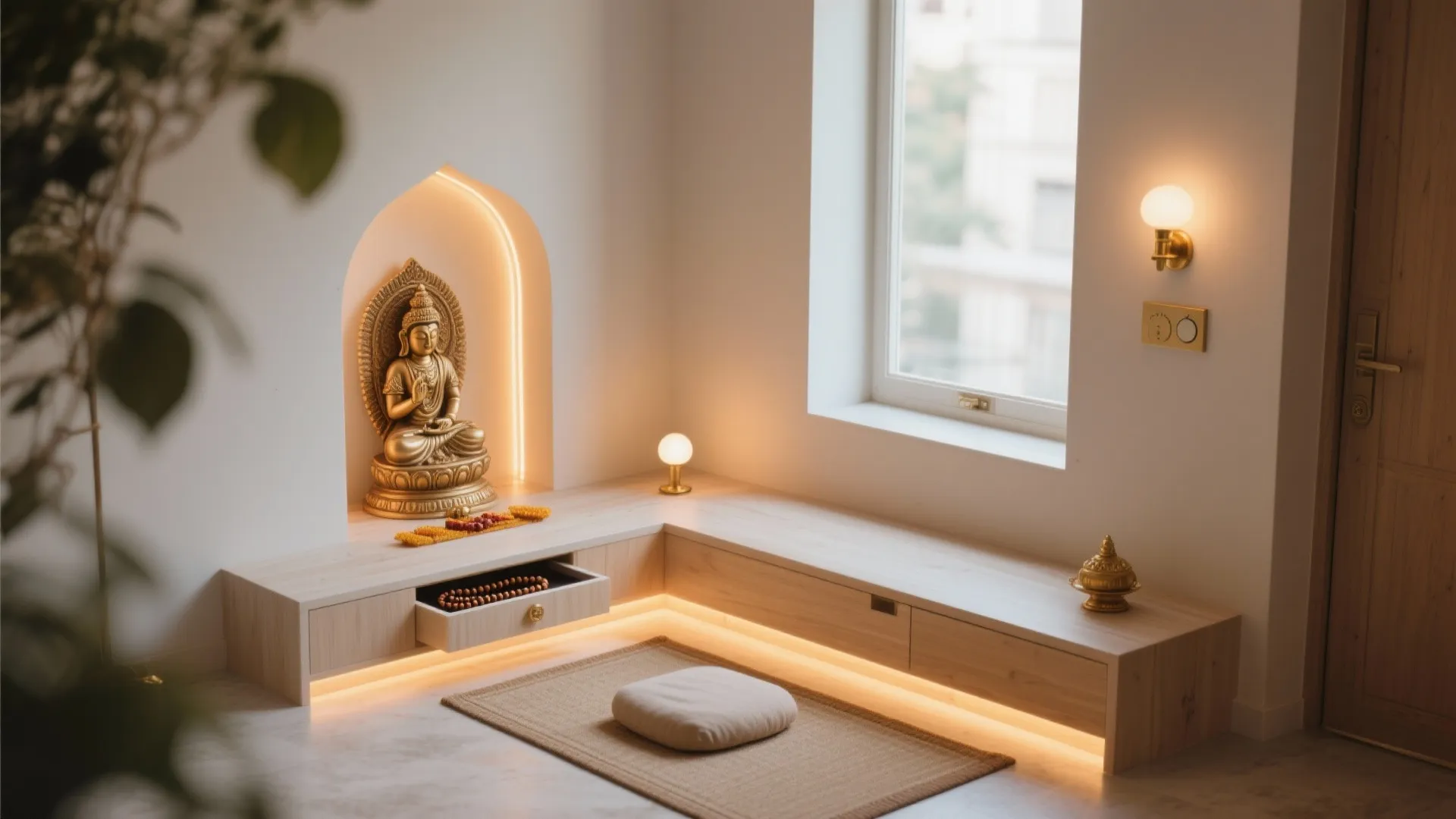 Low-profile asana bench with drawer and layered warm LED lighting in a small pooja corner.