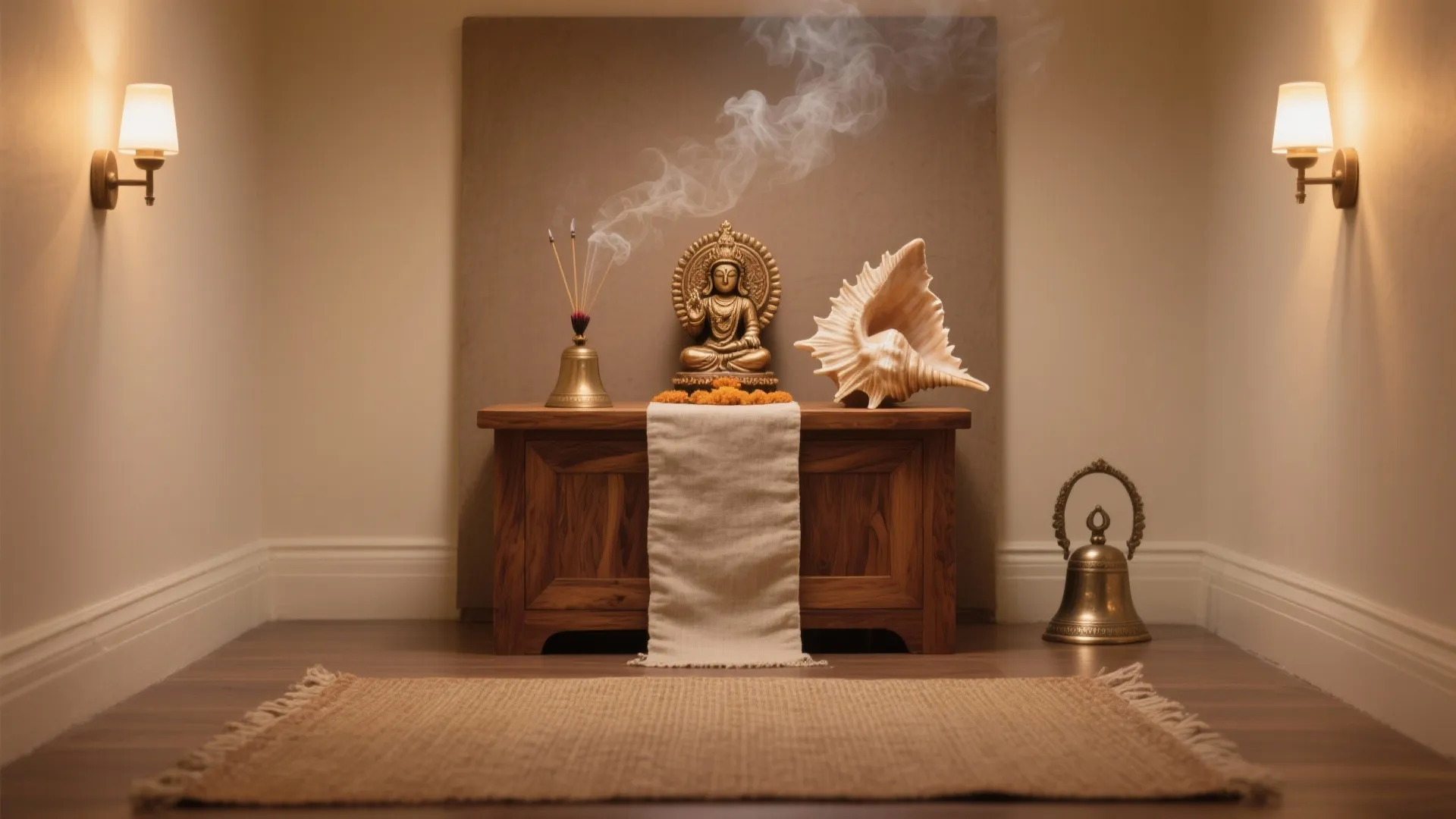 Golden Buddha statue on wooden cabinet with burning incense smoke seashell wall lights and rug
