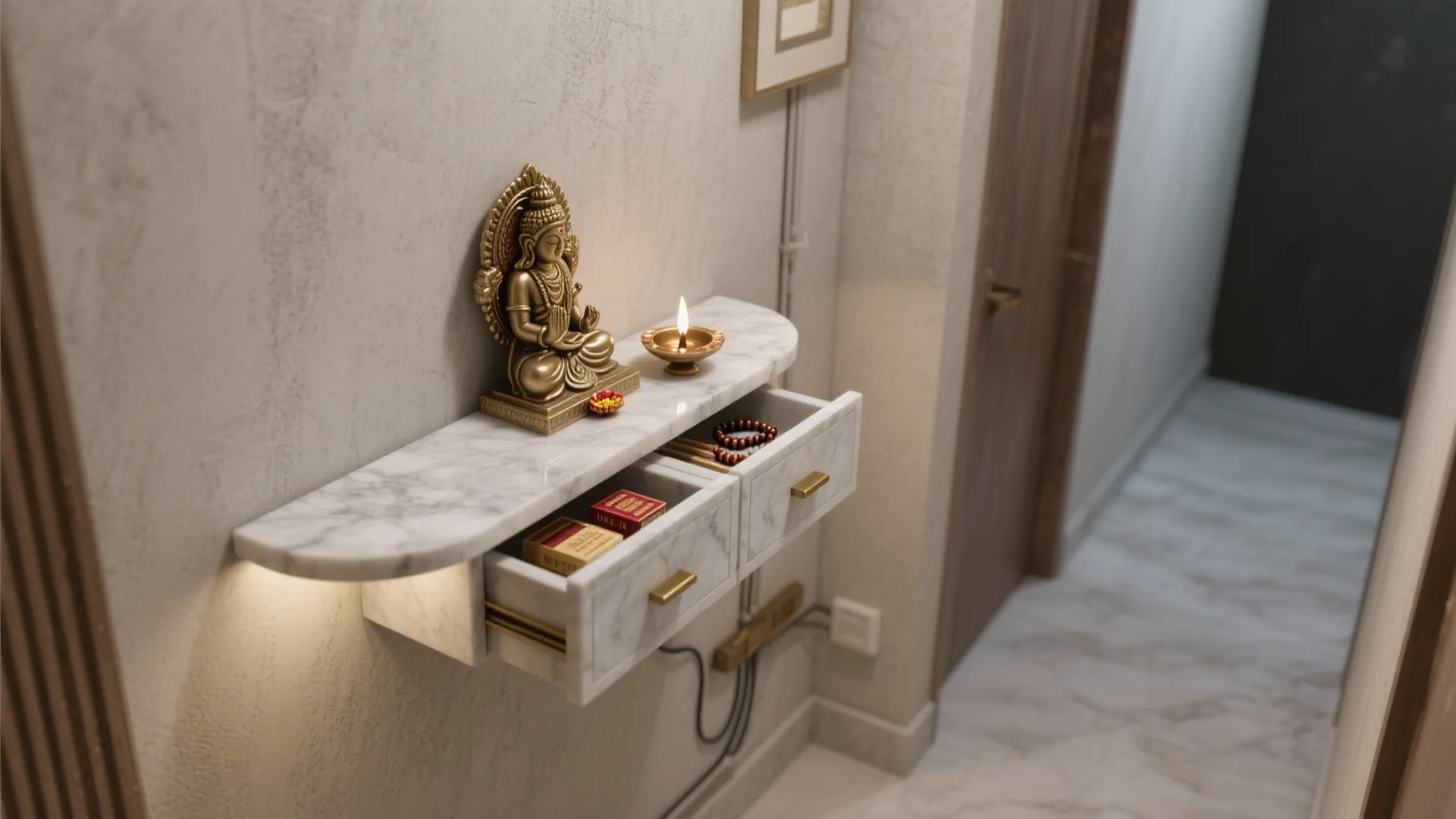 Modern marble wall shelf with golden statue small lamp and open drawers in a hallway