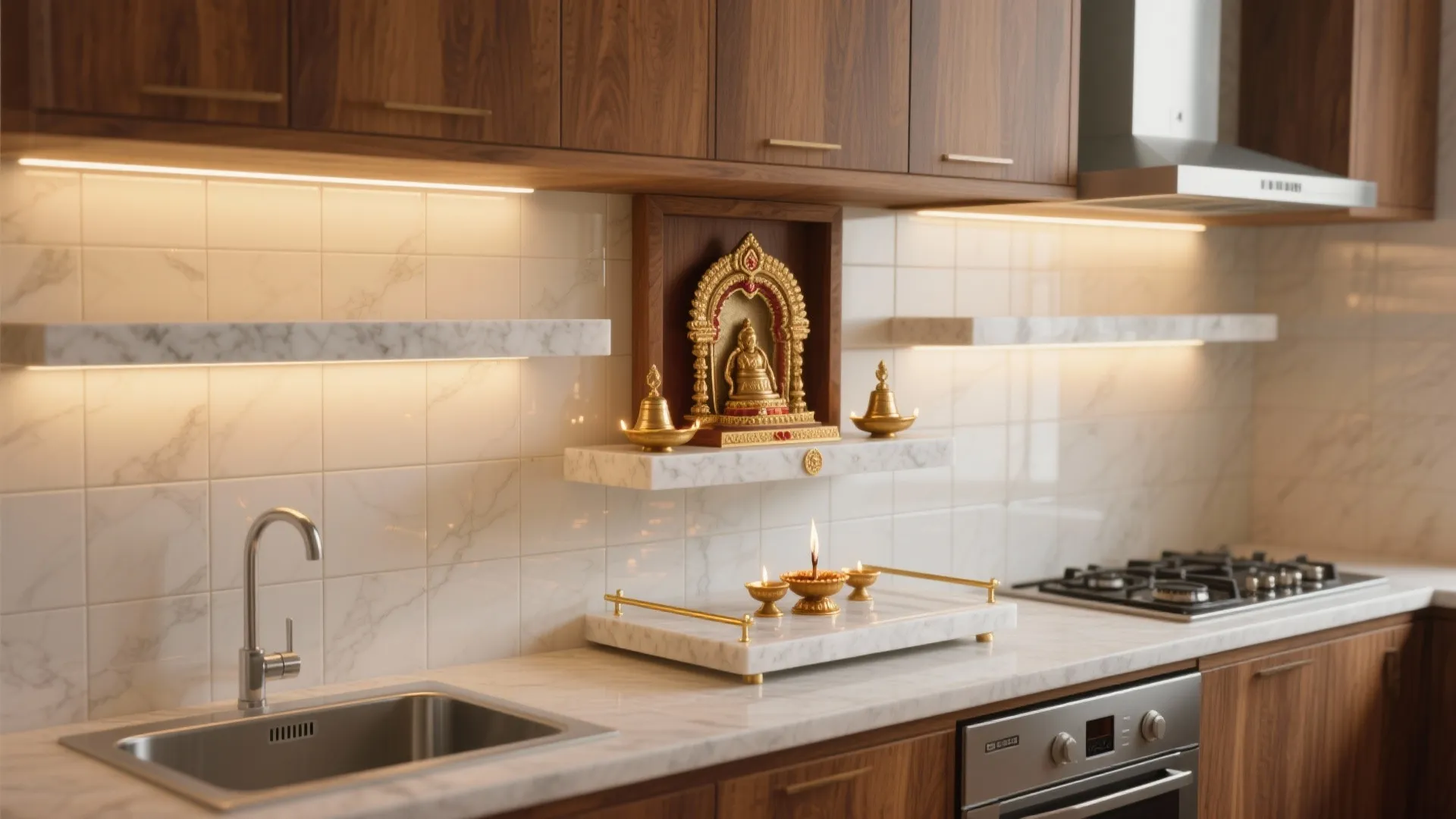A Floating Mandir Shelf Stack Above the Counter Backsplash