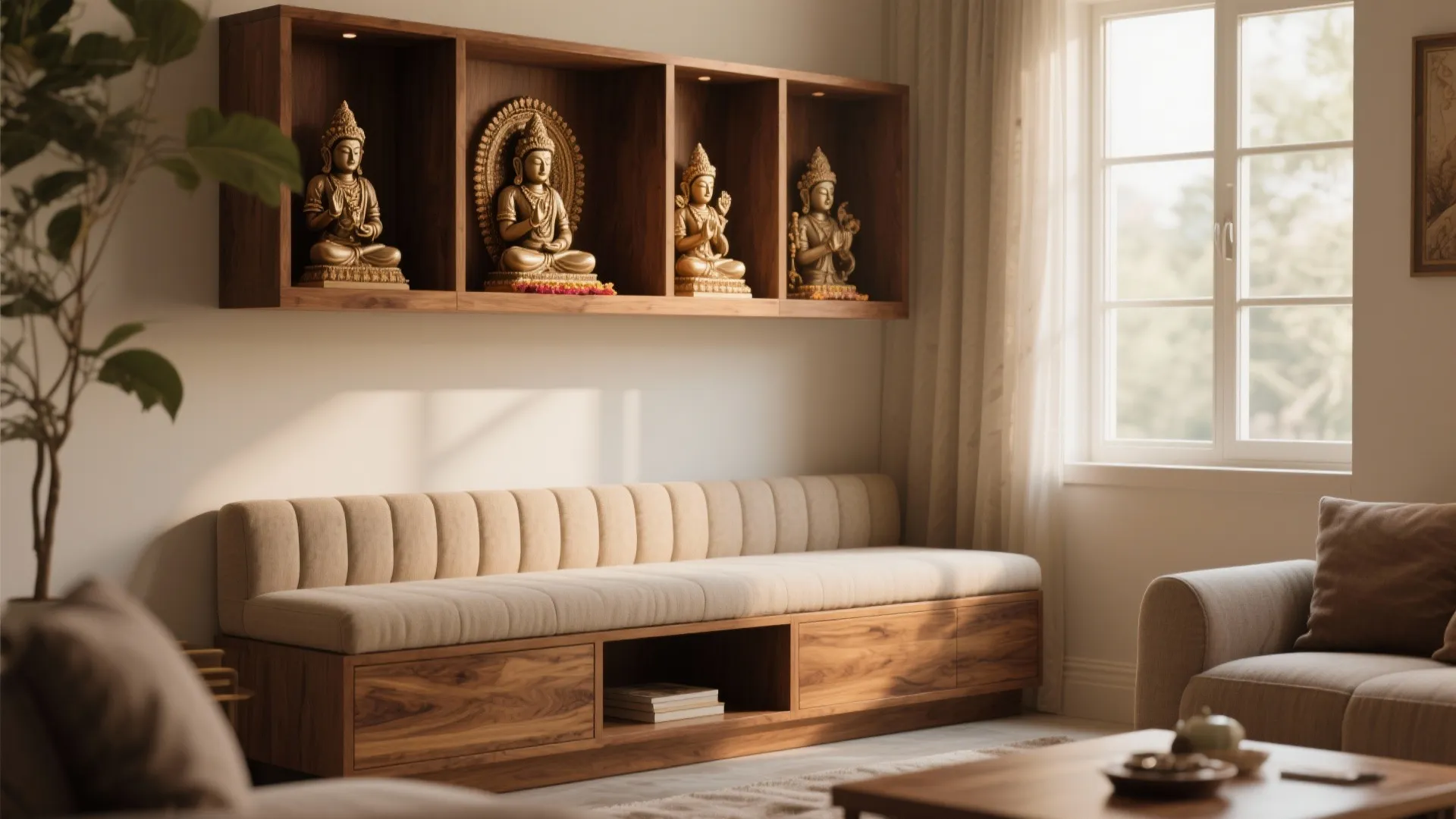 Integrated Pooja Shelf with Storage Bench