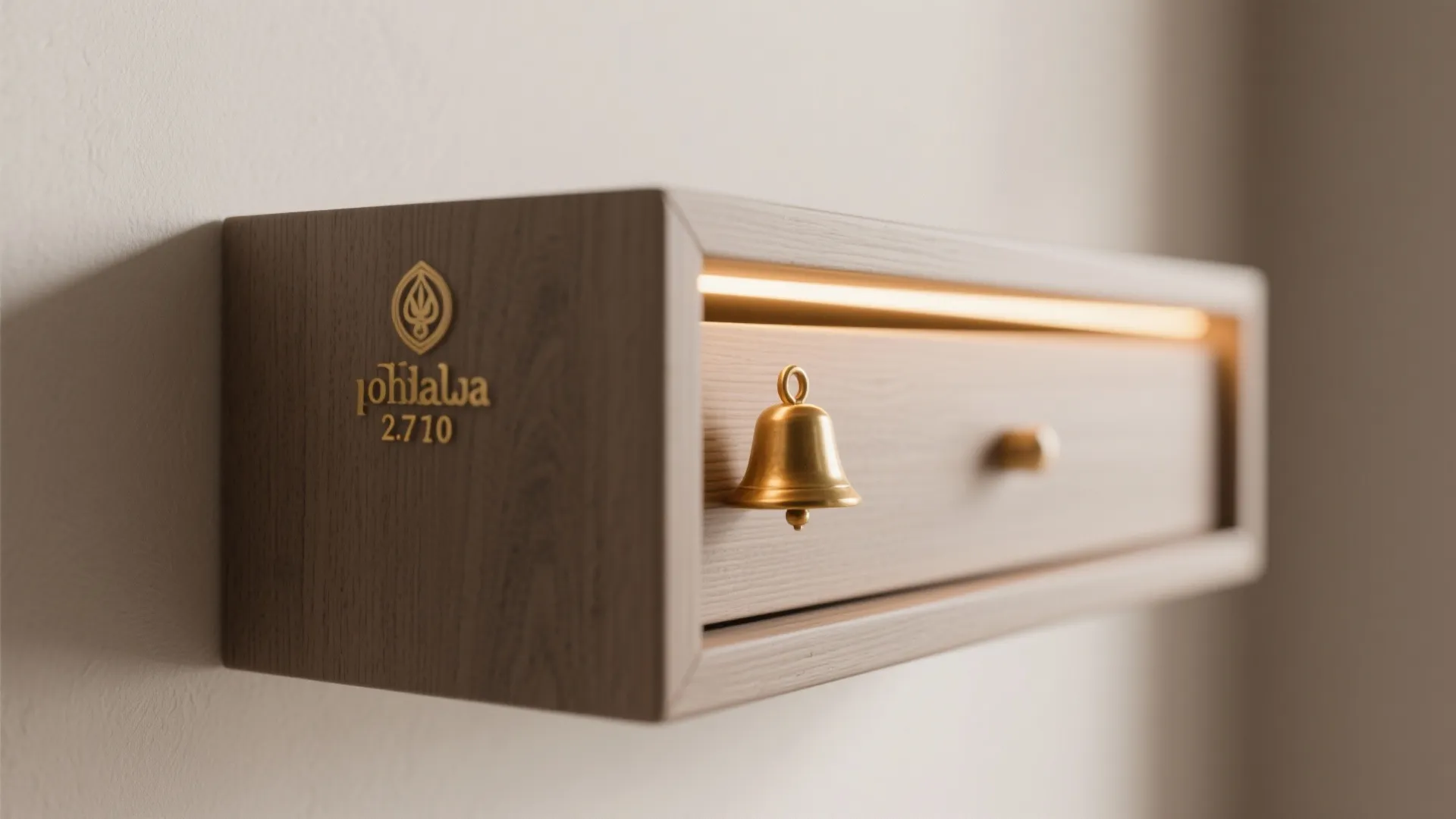Macro of matte wood pooja shelf with warm LED halo and brass hook.