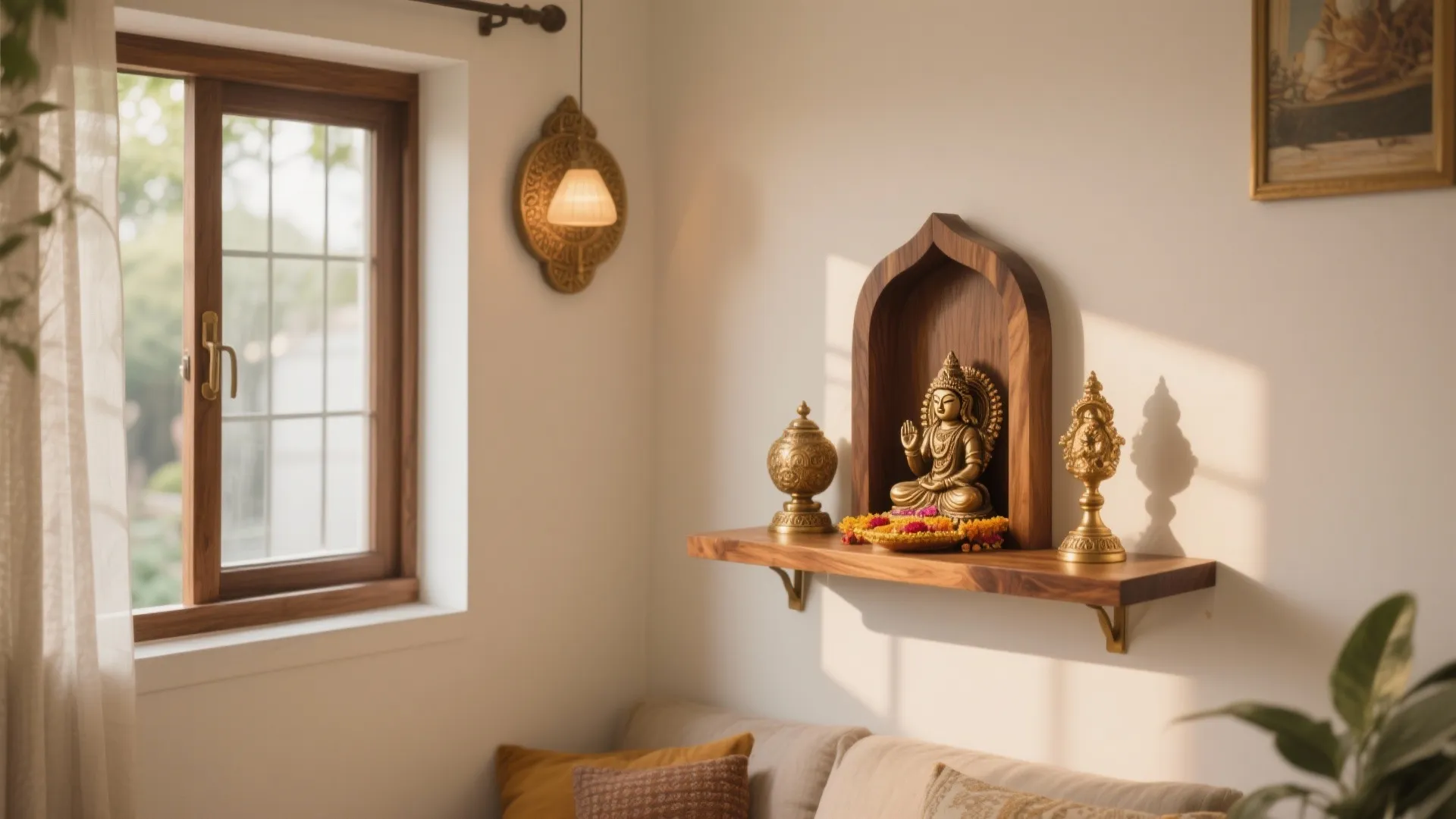 Small wooden wall shelf with a gold statue inside an arched frame near a bright window